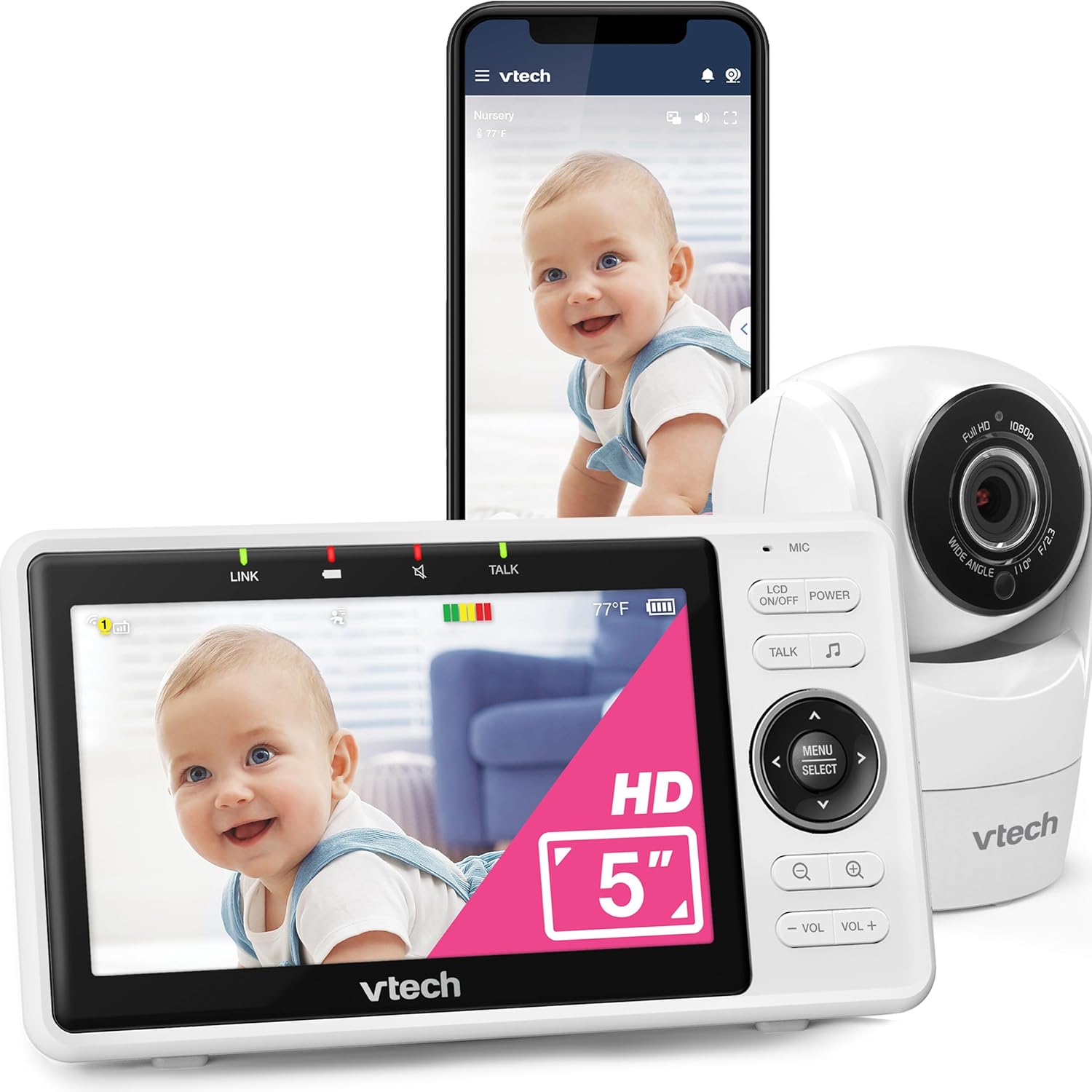 VTech Upgraded Smart WiFi Baby Monitor VM901, 5-inch 720p Display, 1080p Camera, HD NightVision, Fully Remote Pan Tilt Zoom, 2-Way Talk, Free Smart Phone App, Works with iOS, Android-0