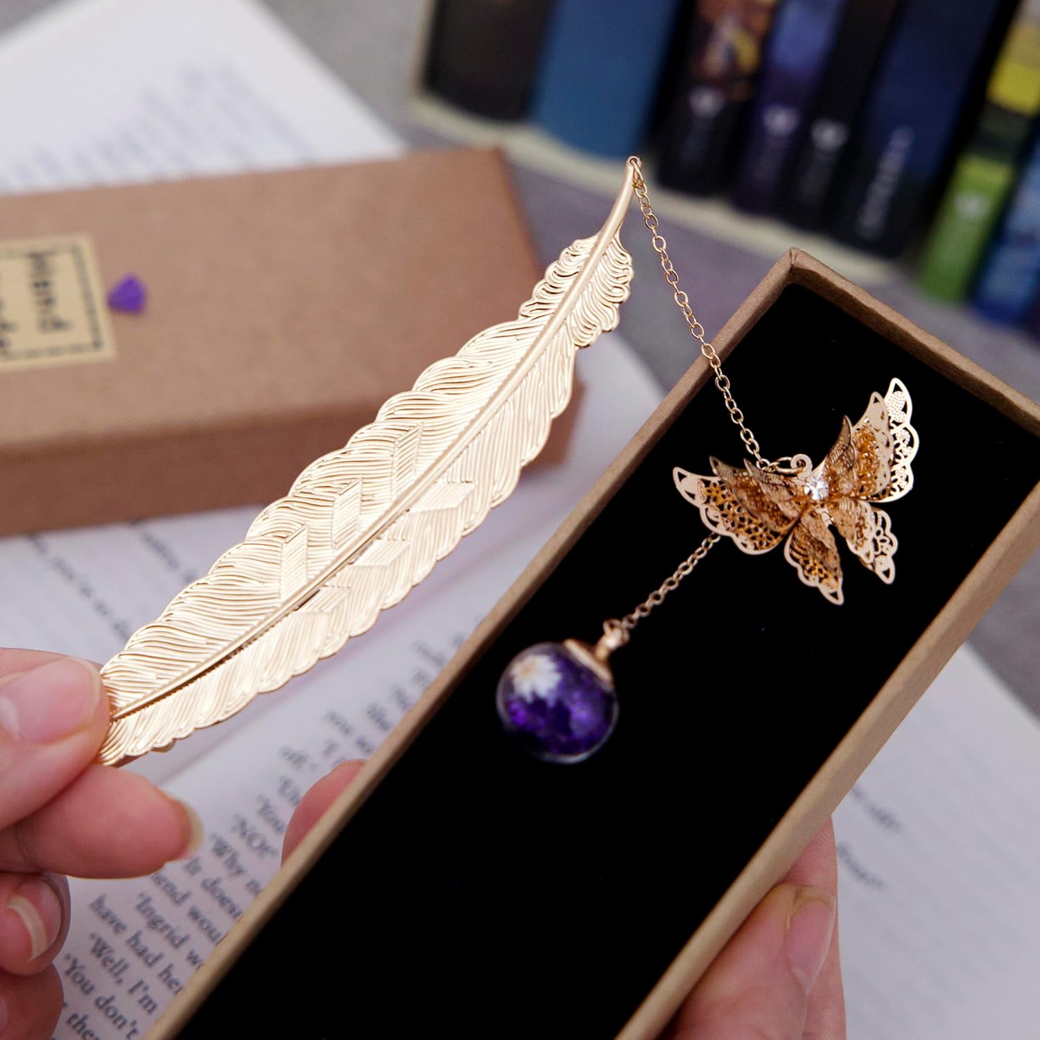 Toirxarn Gold Feather Bookmark with Butterfly Charm - Elegant Bookmarks for Women, Book Lovers Gifts, Book Marker for Reading, Teacher Appreciation Gifts, Stocking Stuffers, Unique Birthday Gifts-1