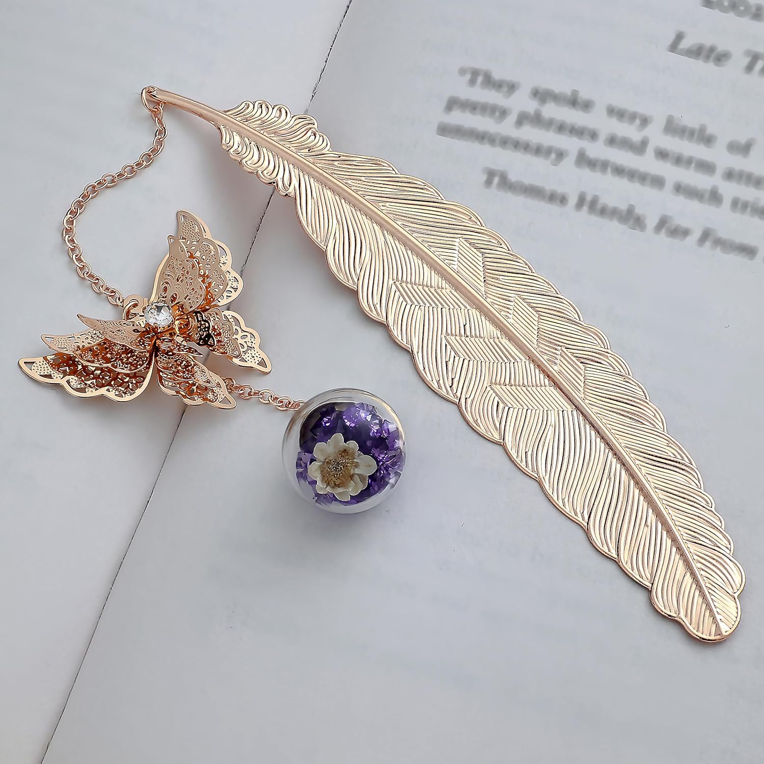 Toirxarn Gold Feather Bookmark with Butterfly Charm - Elegant Bookmarks for Women, Book Lovers Gifts, Book Marker for Reading, Teacher Appreciation Gifts, Stocking Stuffers, Unique Birthday Gifts-2