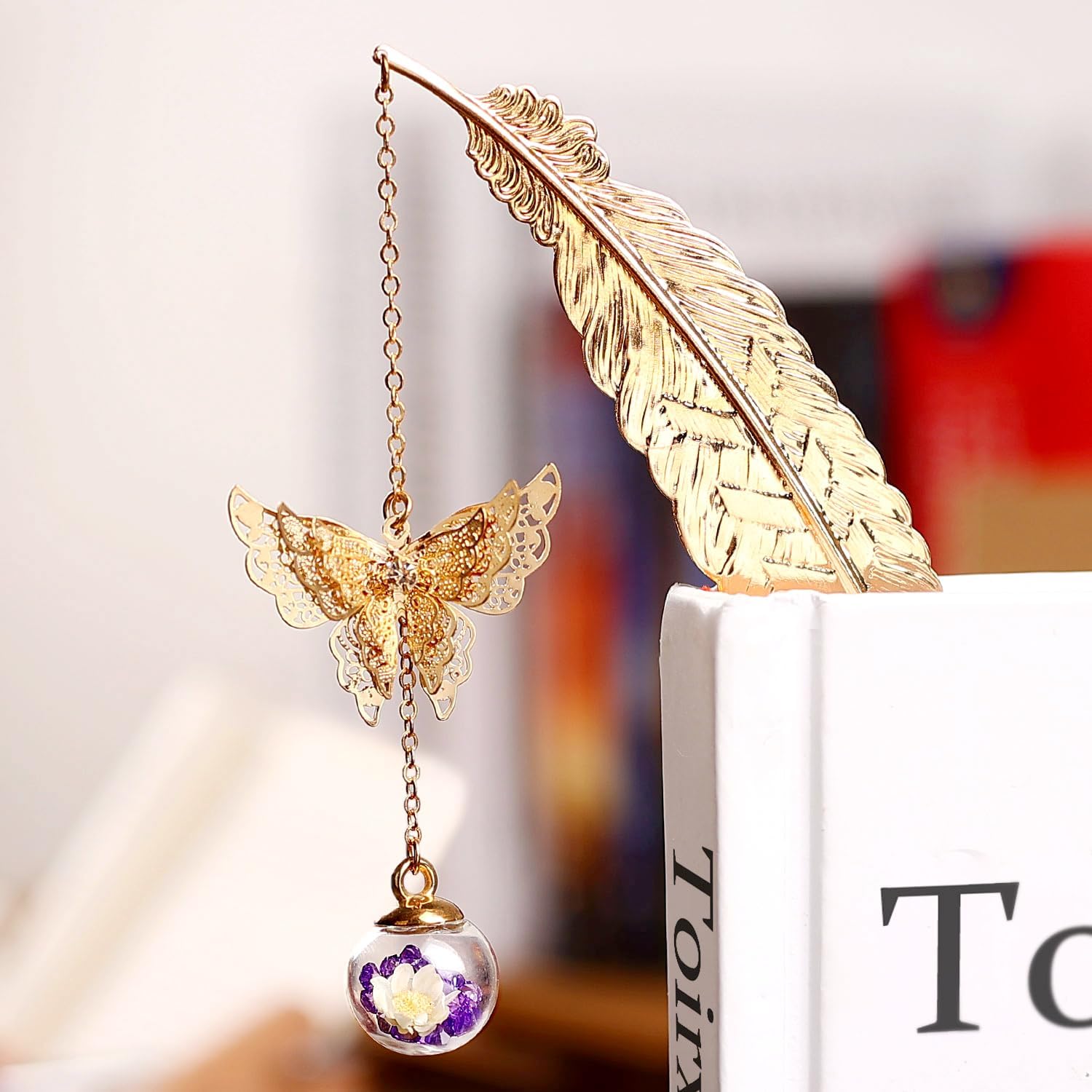 Toirxarn Gold Feather Bookmark with Butterfly Charm - Elegant Bookmarks for Women, Book Lovers Gifts, Book Marker for Reading, Teacher Appreciation Gifts, Stocking Stuffers, Unique Birthday Gifts-5