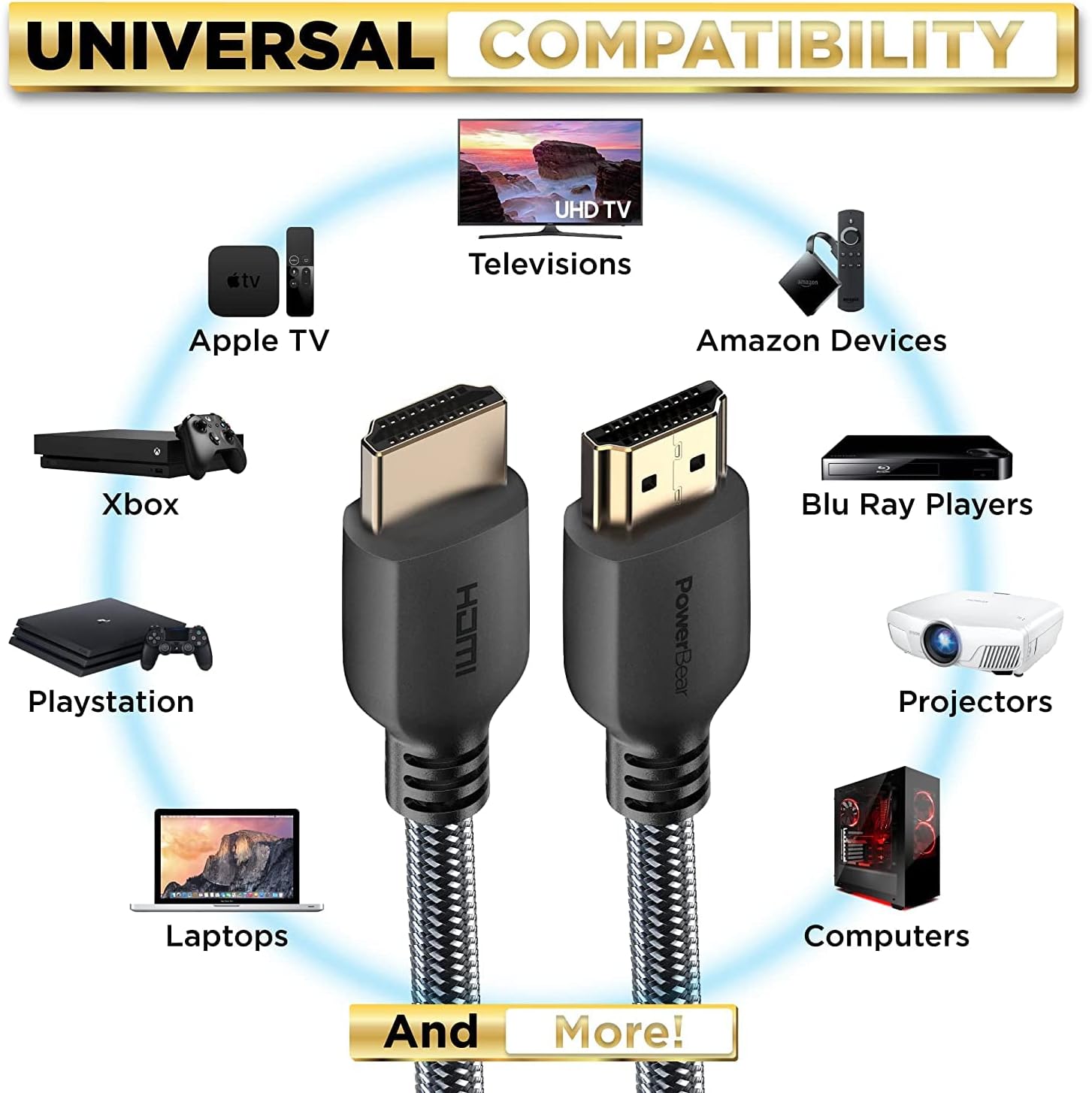 PowerBear 4K HDMI Cable 10 ft | High Speed Hdmi Cables, Braided Nylon & Gold Connectors, 4K @ 60Hz, Ultra HD, 2K, 1080P, ARC & CL3 Rated | for Laptop, Monitor, PS5, PS4, Xbox One, Fire TV, & More-4