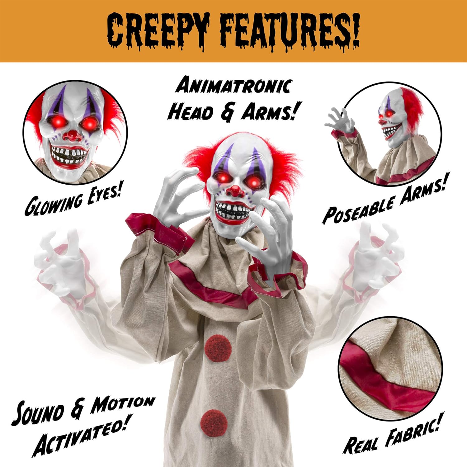 Best Choice Products Scary Harry The Motion Activated Animatronic Killer Clown, Halloween Prop w/Pre-Recorded Lines, Red Light Up Eyes, Moving Arms & Head-3