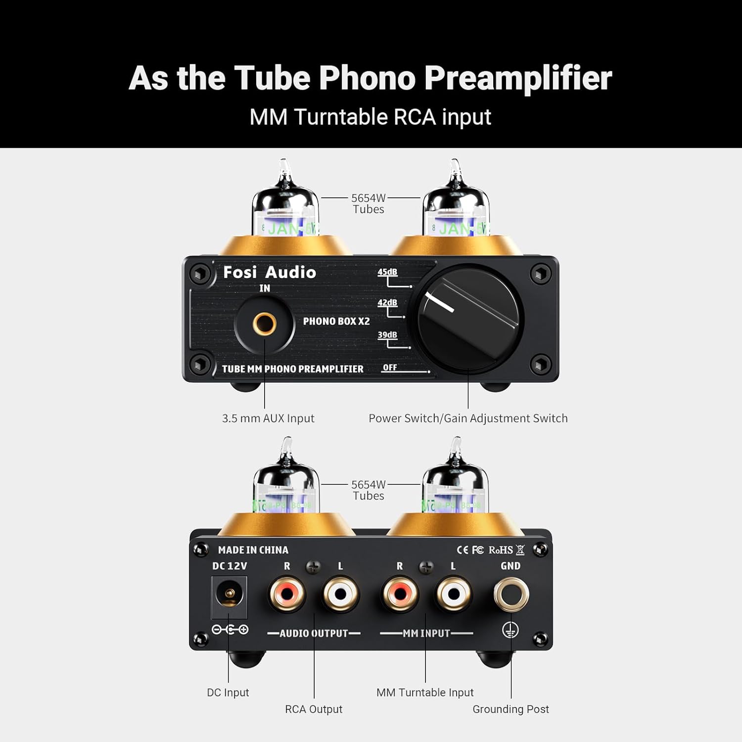 Fosi Audio Box X2 Phono Preamp, Mini Stereo Audio Hi-Fi Preamplifier with Gain Gear, Pre-Amplifier for MM Turntable Phonograph and Record Player, with DC 12V Power Supply-2