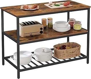 VASAGLE Kitchen Island with 3 Shelves, 47.2 Inches Width Kitchen Shelf with Large Worktop, Stable Steel Structure, Industrial, Easy to Assemble, Rustic Brown and Black UKKI01BX