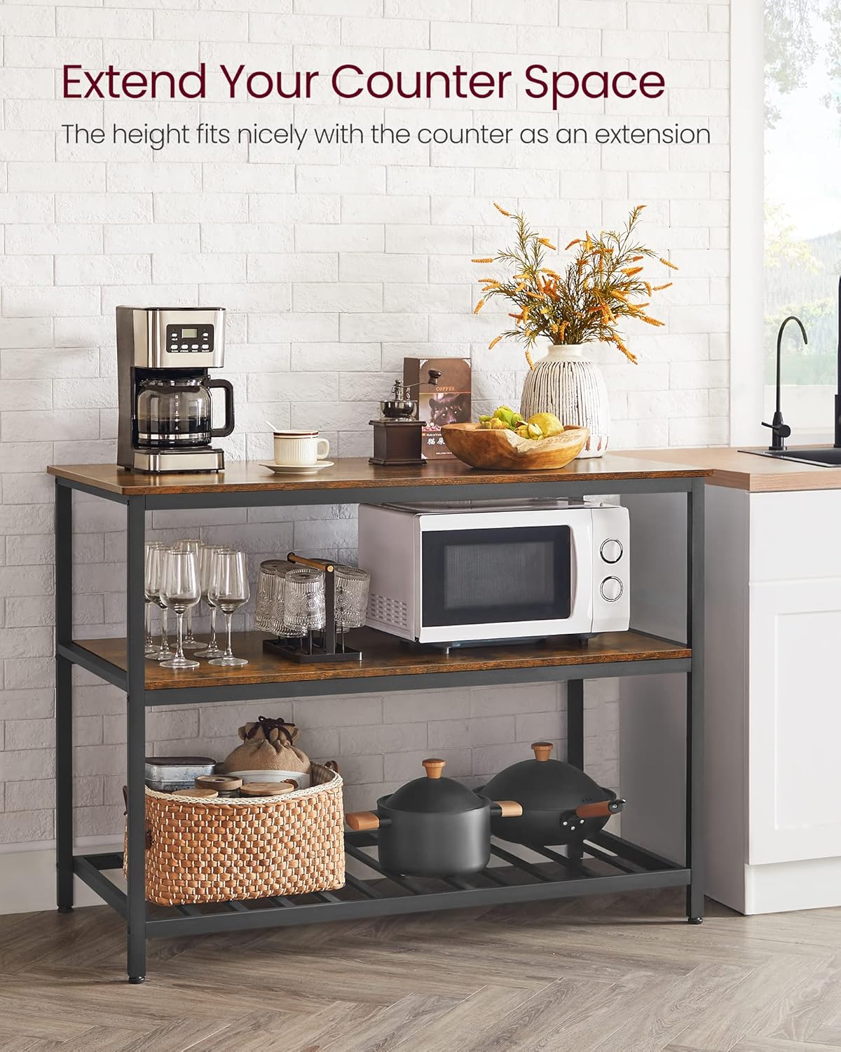 VASAGLE Kitchen Island with 3 Shelves, 47.2 Inches Width Kitchen Shelf with Large Worktop, Stable Steel Structure, Industrial, Easy to Assemble, Rustic Brown and Black UKKI01BX-4