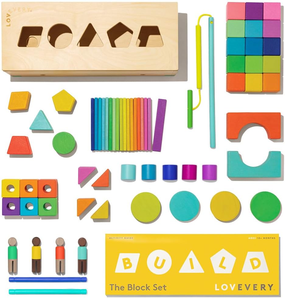 LOVEVERY | The Block Set | Solid Wood Building Blocks and Shapes + Wooden Storage Box, 70 Pieces, 18 Colors, 20+ Activities, Toddler Block Set and Converts into a Pull Car, Ages 12 to 48+ months-0