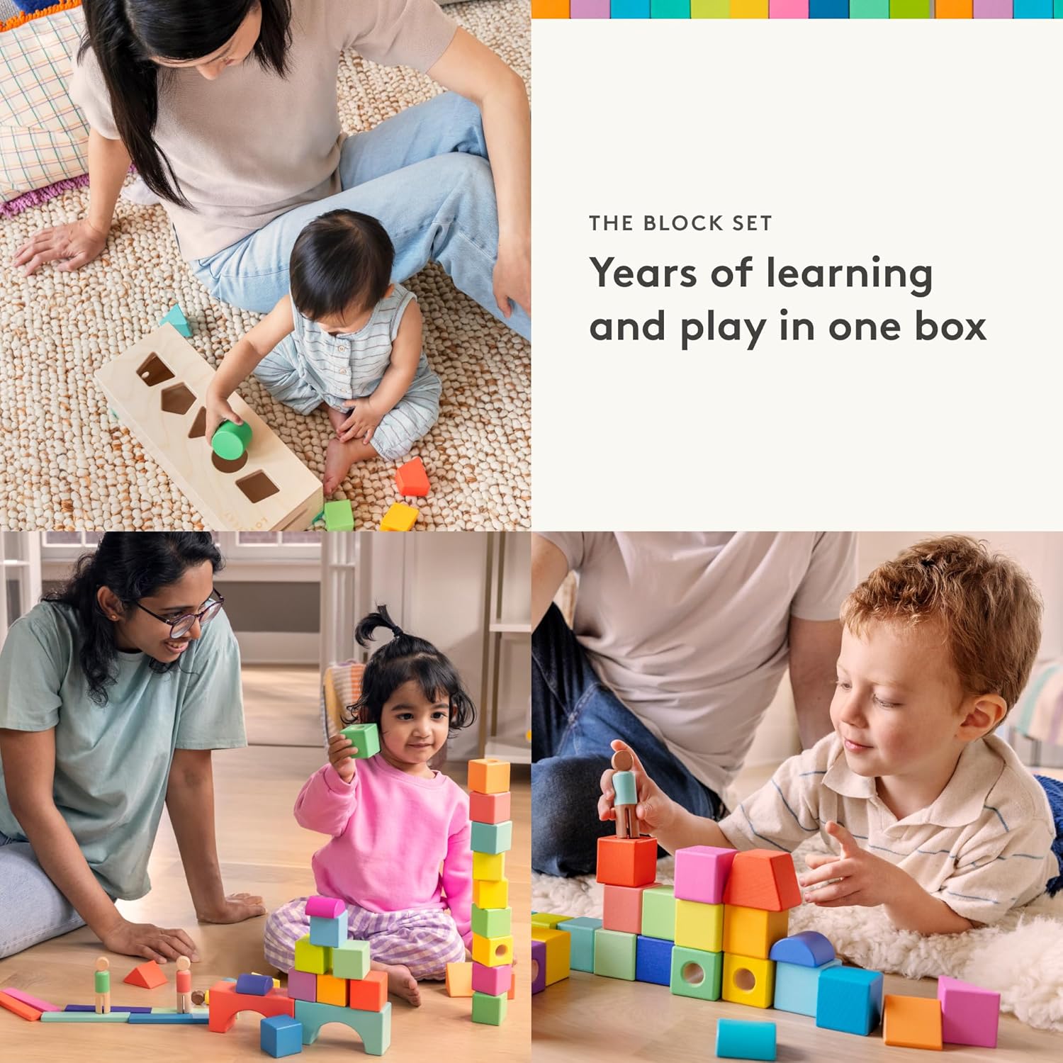 LOVEVERY | The Block Set | Solid Wood Building Blocks and Shapes + Wooden Storage Box, 70 Pieces, 18 Colors, 20+ Activities, Toddler Block Set and Converts into a Pull Car, Ages 12 to 48+ months-1