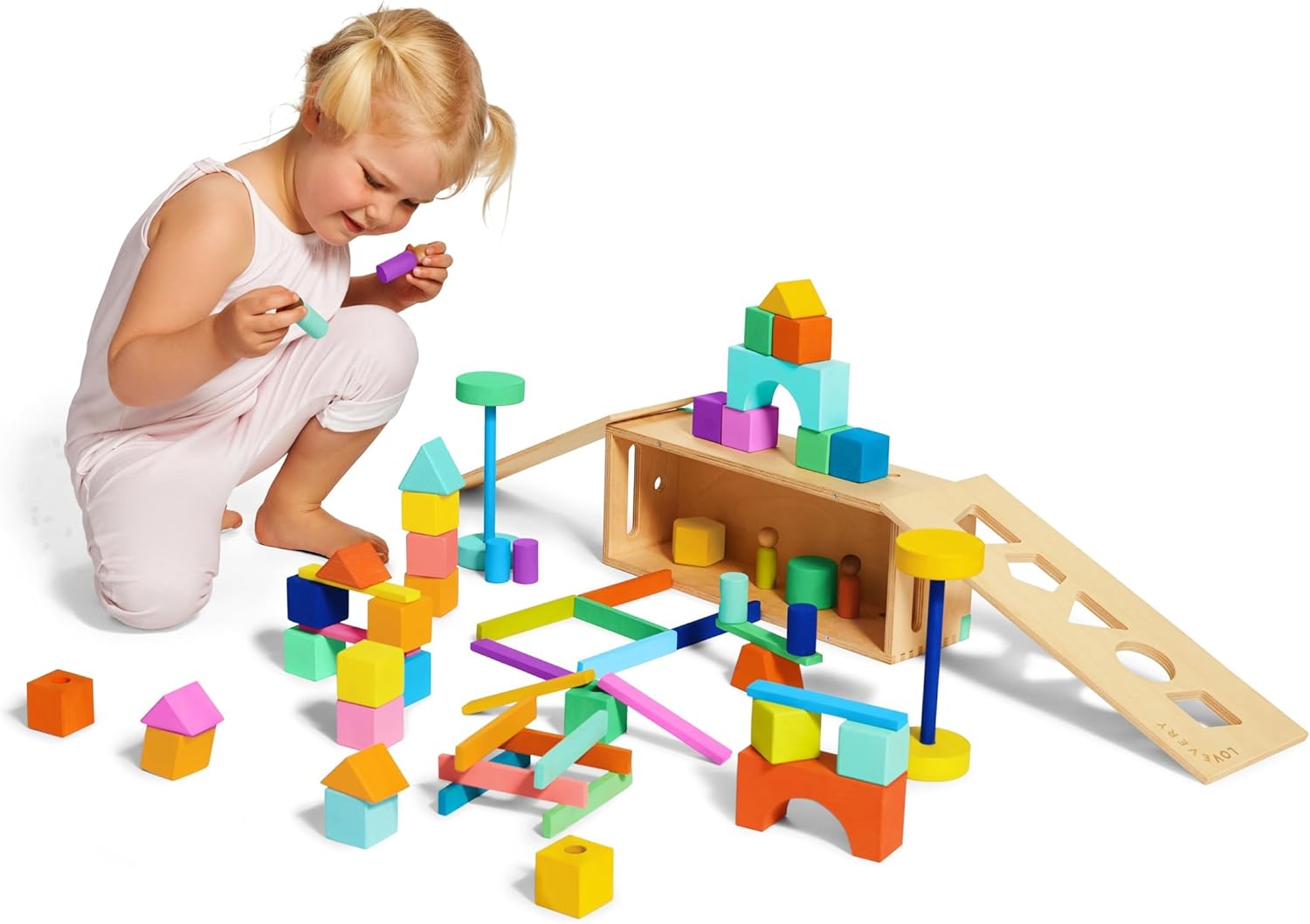 LOVEVERY | The Block Set | Solid Wood Building Blocks and Shapes + Wooden Storage Box, 70 Pieces, 18 Colors, 20+ Activities, Toddler Block Set and Converts into a Pull Car, Ages 12 to 48+ months-12