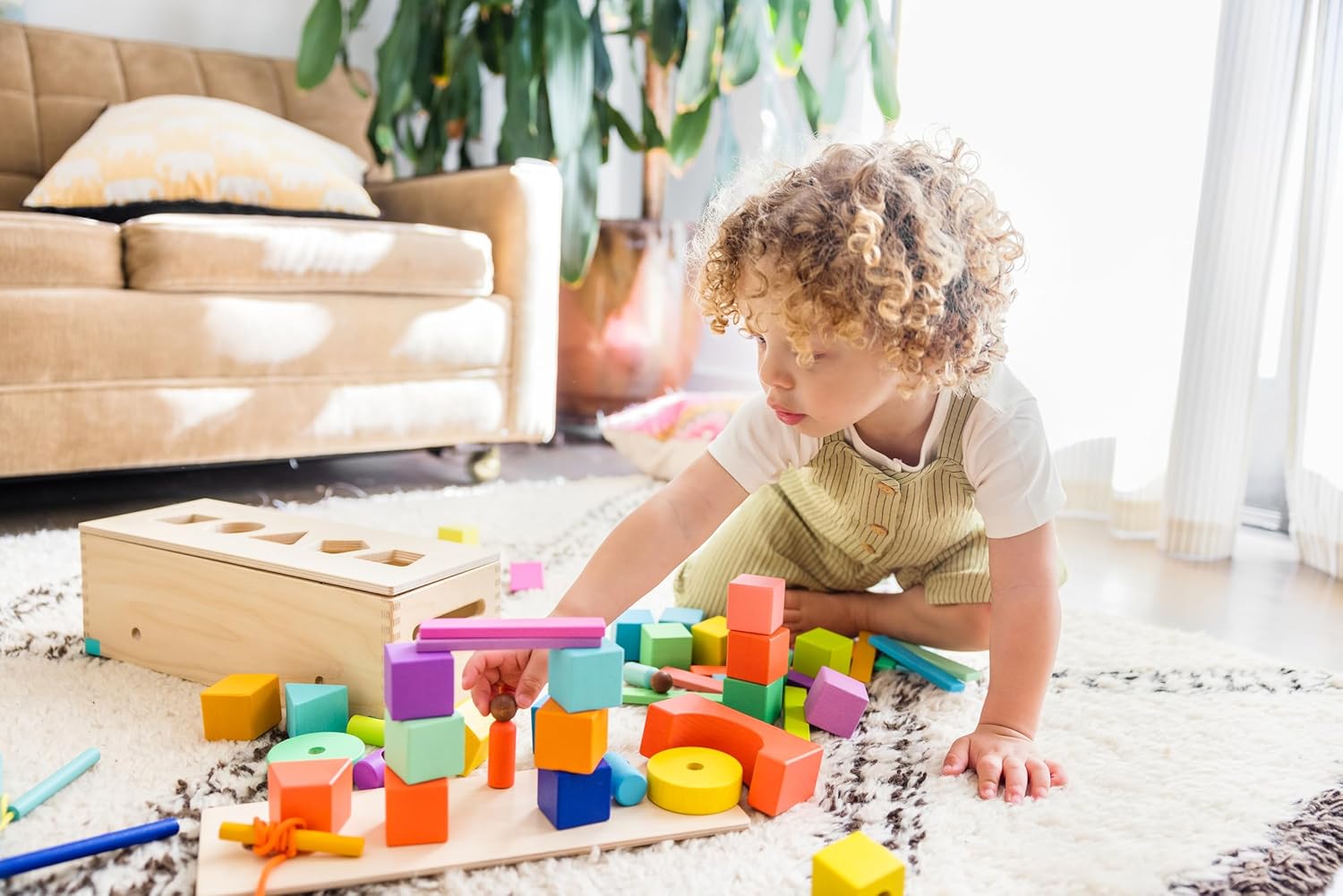 LOVEVERY | The Block Set | Solid Wood Building Blocks and Shapes + Wooden Storage Box, 70 Pieces, 18 Colors, 20+ Activities, Toddler Block Set and Converts into a Pull Car, Ages 12 to 48+ months-14