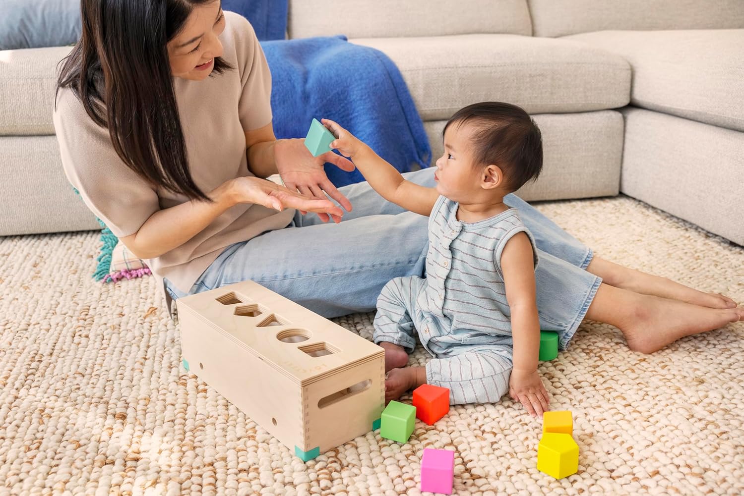 LOVEVERY | The Block Set | Solid Wood Building Blocks and Shapes + Wooden Storage Box, 70 Pieces, 18 Colors, 20+ Activities, Toddler Block Set and Converts into a Pull Car, Ages 12 to 48+ months-16