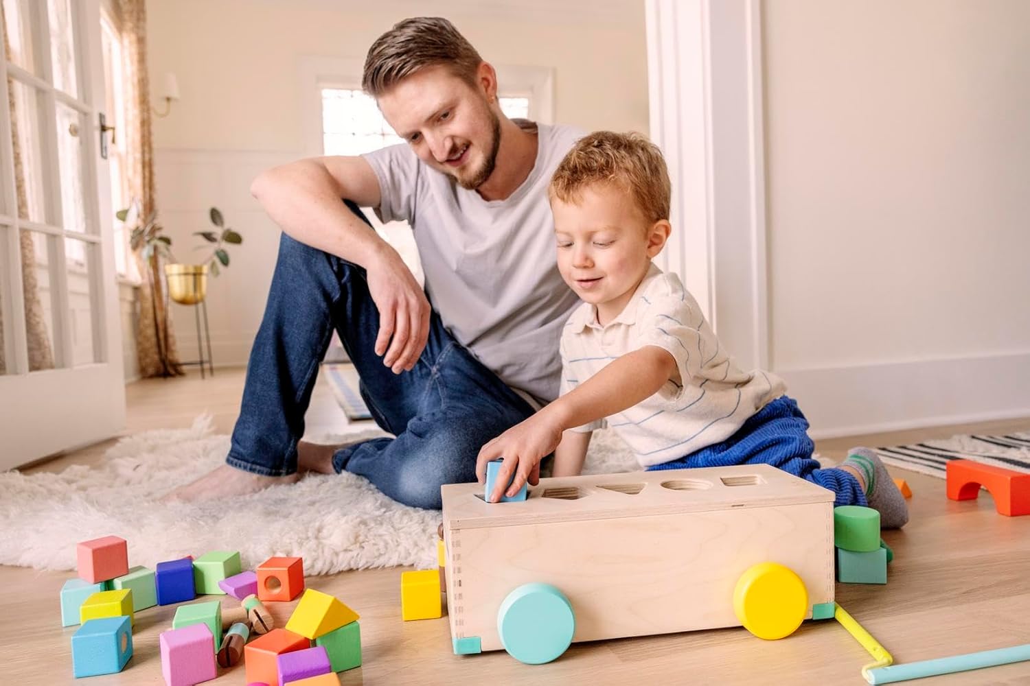 LOVEVERY | The Block Set | Solid Wood Building Blocks and Shapes + Wooden Storage Box, 70 Pieces, 18 Colors, 20+ Activities, Toddler Block Set and Converts into a Pull Car, Ages 12 to 48+ months-7