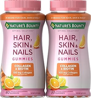 Nature's Bounty Hair, Skin & Nails with Biotin and Collagen, Citrus-Flavored Gummies Vitamin Supplement, Supports Hair, Skin, and Nail Health for Women, 2500 mcg, 80 Ct (2 pack)