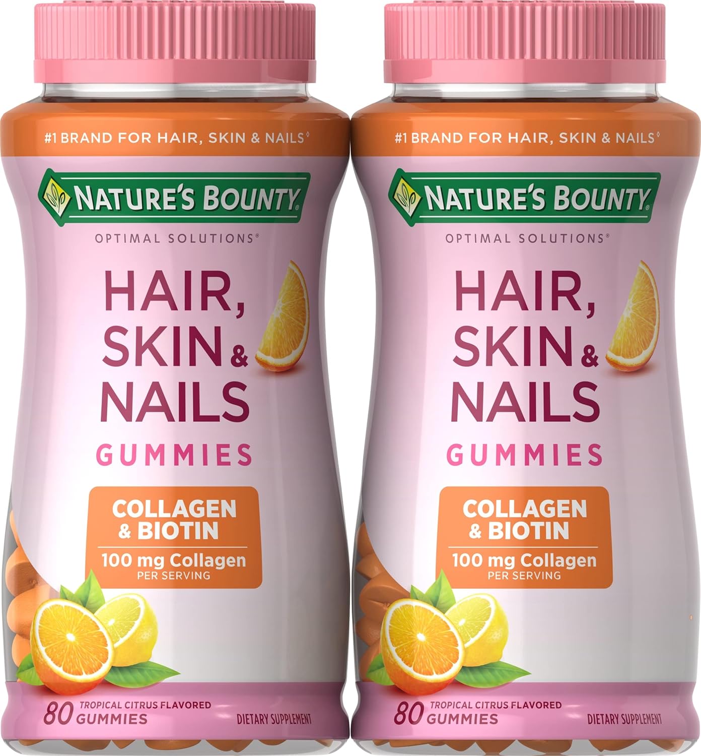 Nature's Bounty Hair, Skin & Nails with Biotin and Collagen, Citrus-Flavored Gummies Vitamin Supplement, Supports Hair, Skin, and Nail Health for Women, 2500 mcg, 80 Ct (2 pack)-0