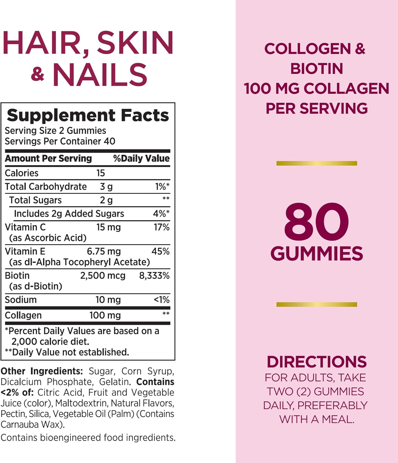 Nature's Bounty Hair, Skin & Nails with Biotin and Collagen, Citrus-Flavored Gummies Vitamin Supplement, Supports Hair, Skin, and Nail Health for Women, 2500 mcg, 80 Ct (2 pack)-1