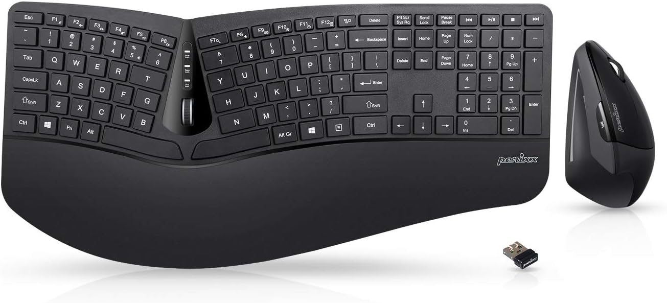 Perixx Periduo-605, Wireless Ergonomic Split Keyboard and Vertical Mouse Combo, Adjustable Palm Rest and Membrane Low Profile Keys, Black, US English Layout (11633)-0