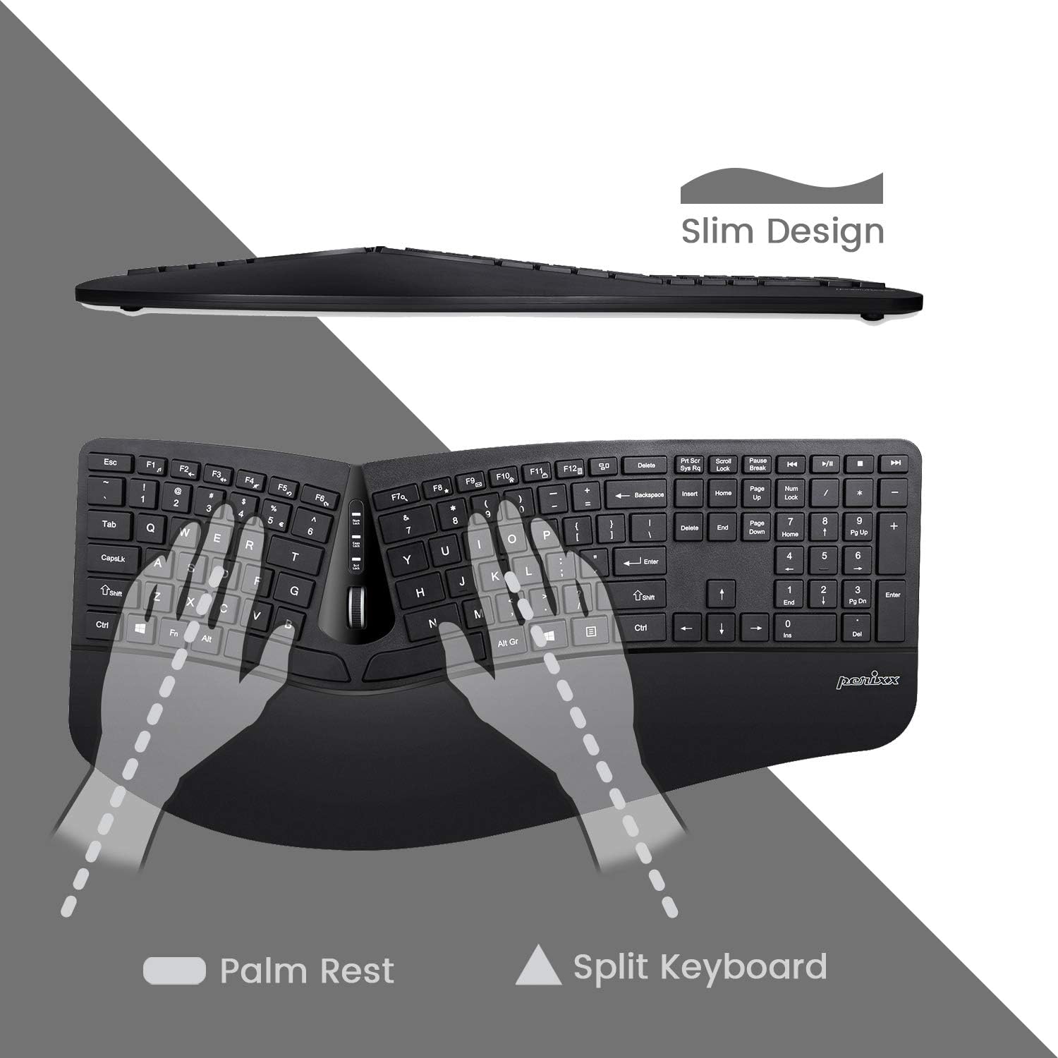 Perixx Periduo-605, Wireless Ergonomic Split Keyboard and Vertical Mouse Combo, Adjustable Palm Rest and Membrane Low Profile Keys, Black, US English Layout (11633)-1