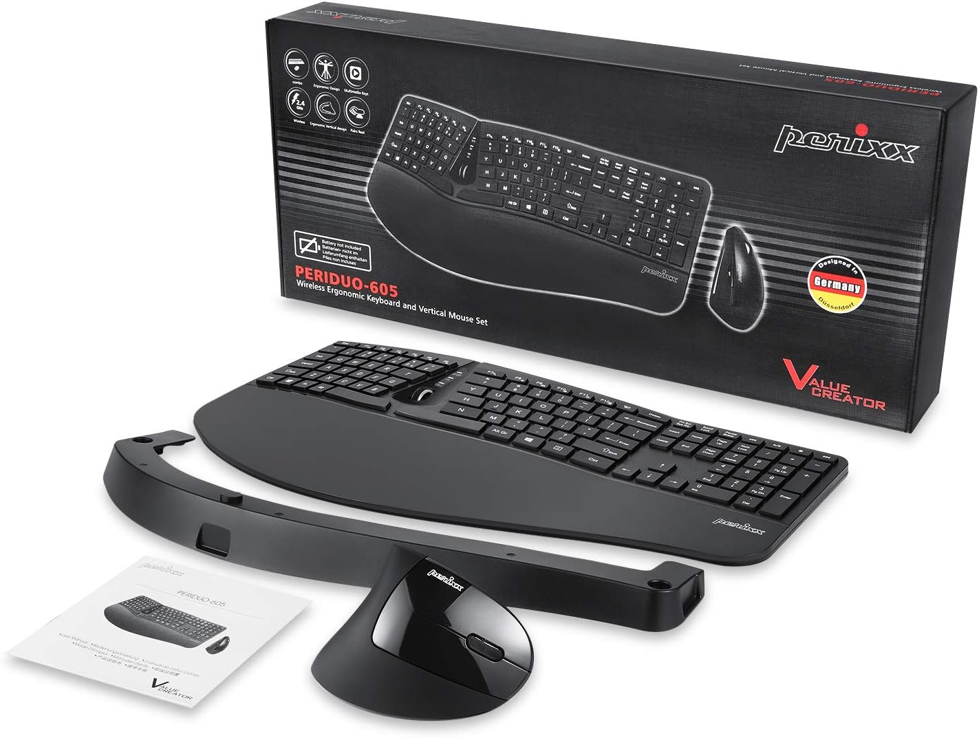 Perixx Periduo-605, Wireless Ergonomic Split Keyboard and Vertical Mouse Combo, Adjustable Palm Rest and Membrane Low Profile Keys, Black, US English Layout (11633)-5