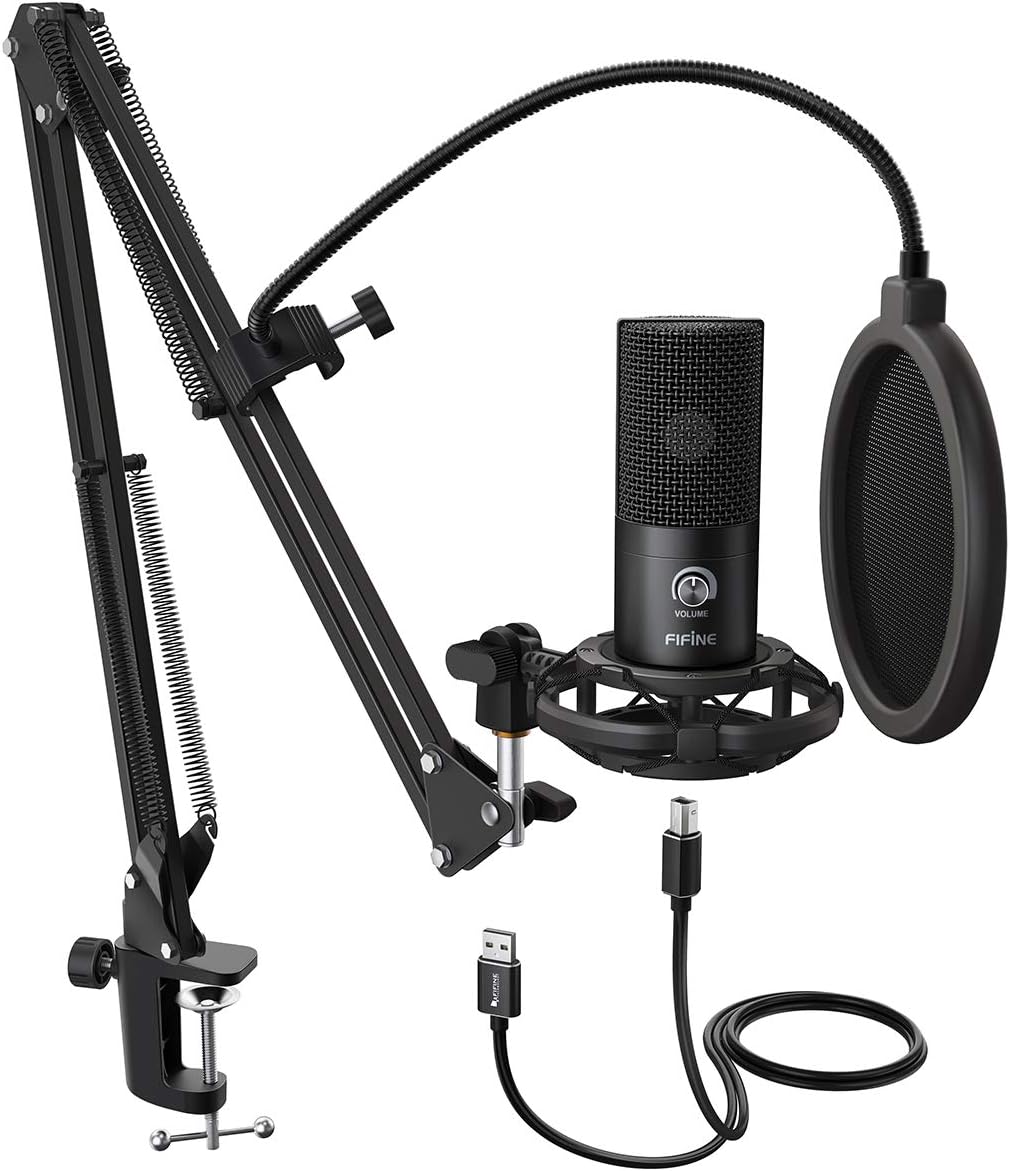 FIFINE Studio Condenser USB Microphone Computer PC Microphone Kit with Adjustable Boom Arm Stand Shock Mount for Instruments Voice Overs Recording Podcasting YouTube Vocal Gaming Streaming-T669-0