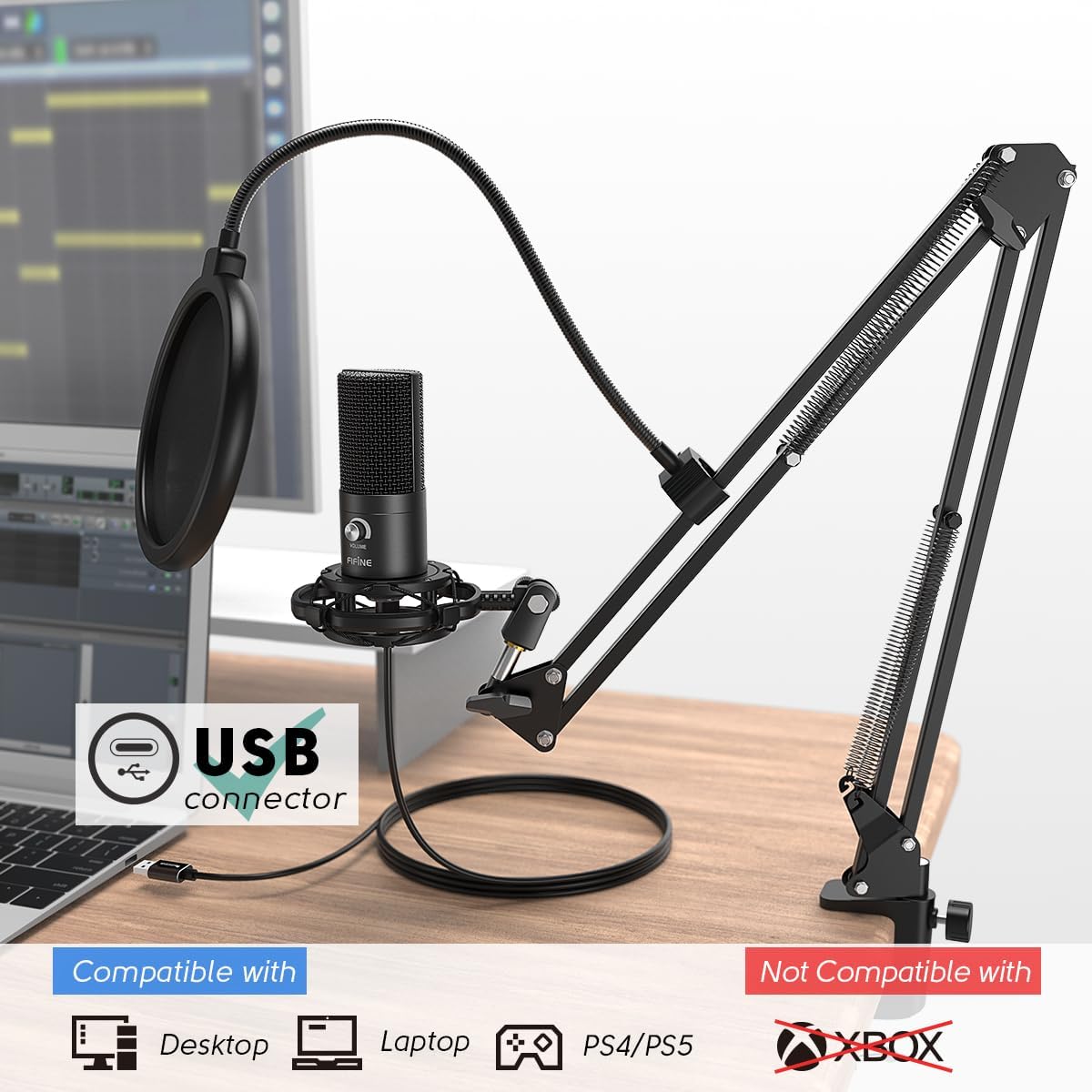 FIFINE Studio Condenser USB Microphone Computer PC Microphone Kit with Adjustable Boom Arm Stand Shock Mount for Instruments Voice Overs Recording Podcasting YouTube Vocal Gaming Streaming-T669-8