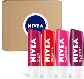 NIVEA Lip Care, Fruity Tinted Lip Balm Variety Pack, Includes Cherry, Strawberry, Blackberry and Watermelon Scents, 0.17 Oz, Pack of 4