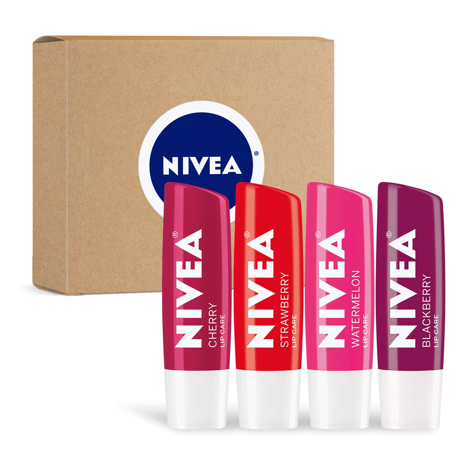 NIVEA Lip Care, Fruity Tinted Lip Balm Variety Pack, Includes Cherry, Strawberry, Blackberry and Watermelon Scents, 0.17 Oz, Pack of 4-0