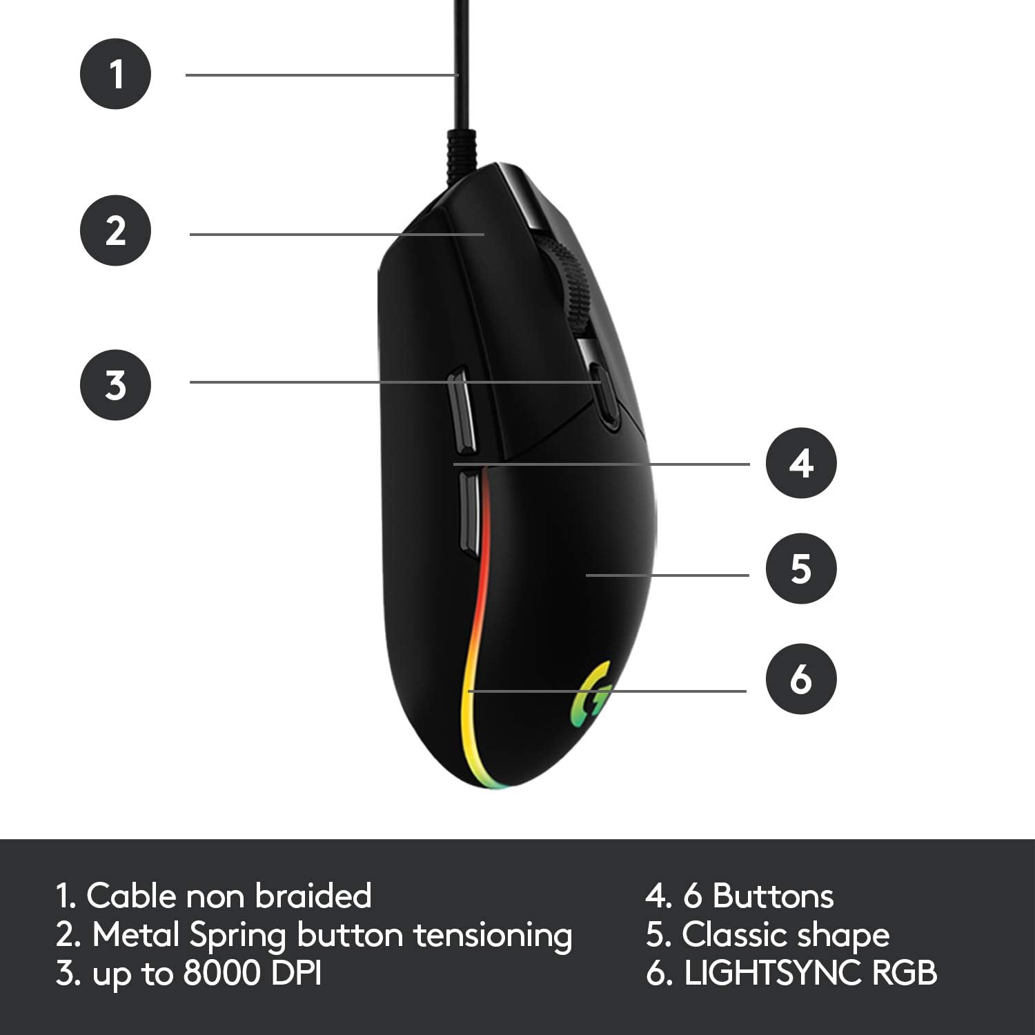 Logitech G203 Wired Gaming Mouse, 8,000 DPI, Rainbow Optical Effect LIGHTSYNC RGB, 6 Programmable Buttons, On-Board Memory, Screen Mapping, PC/Mac Computer and Laptop Compatible - Black-5