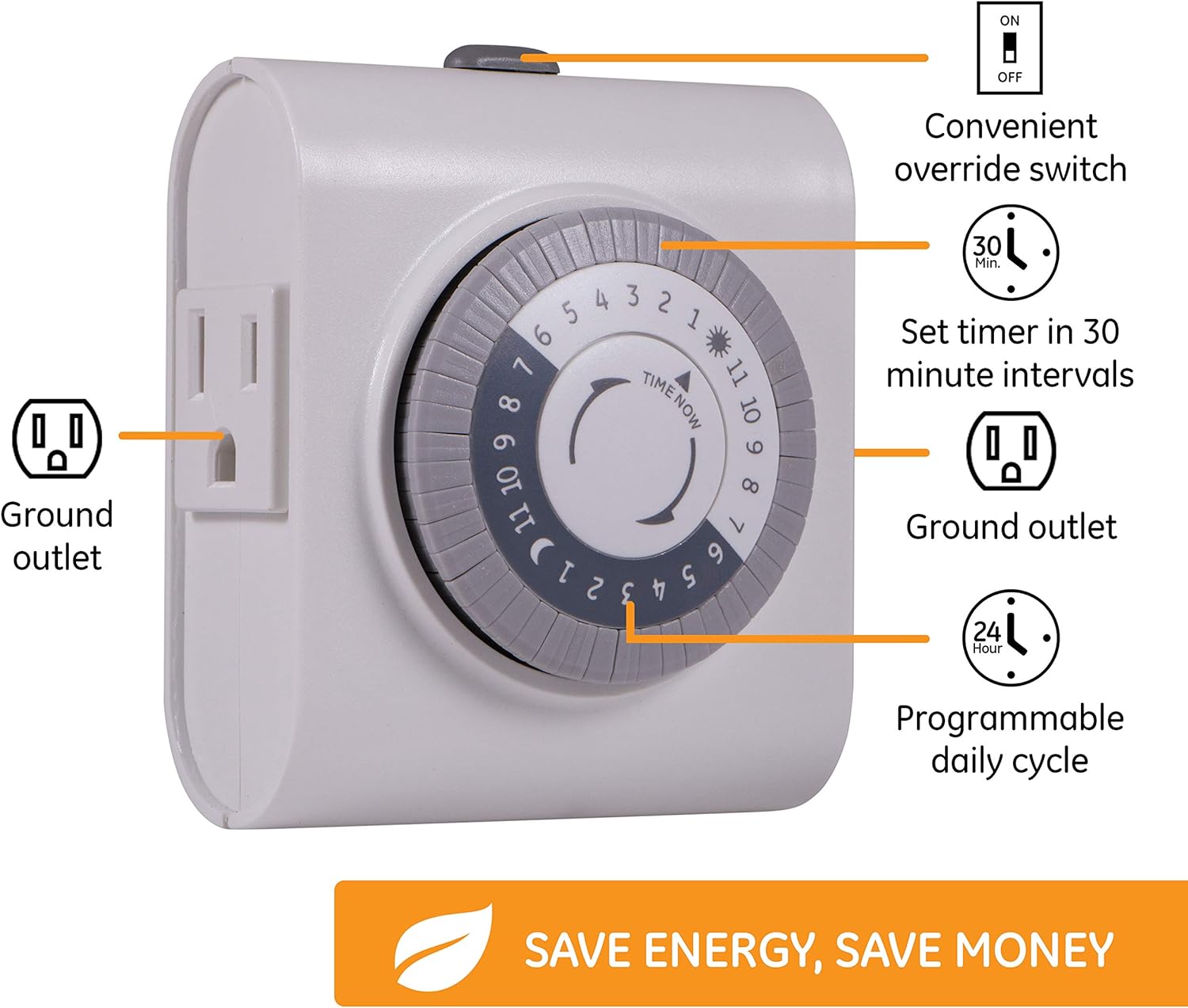 GE 46211, Two Outlet Grounded Mechanical Plug-in Timer, White, 2 Count-2