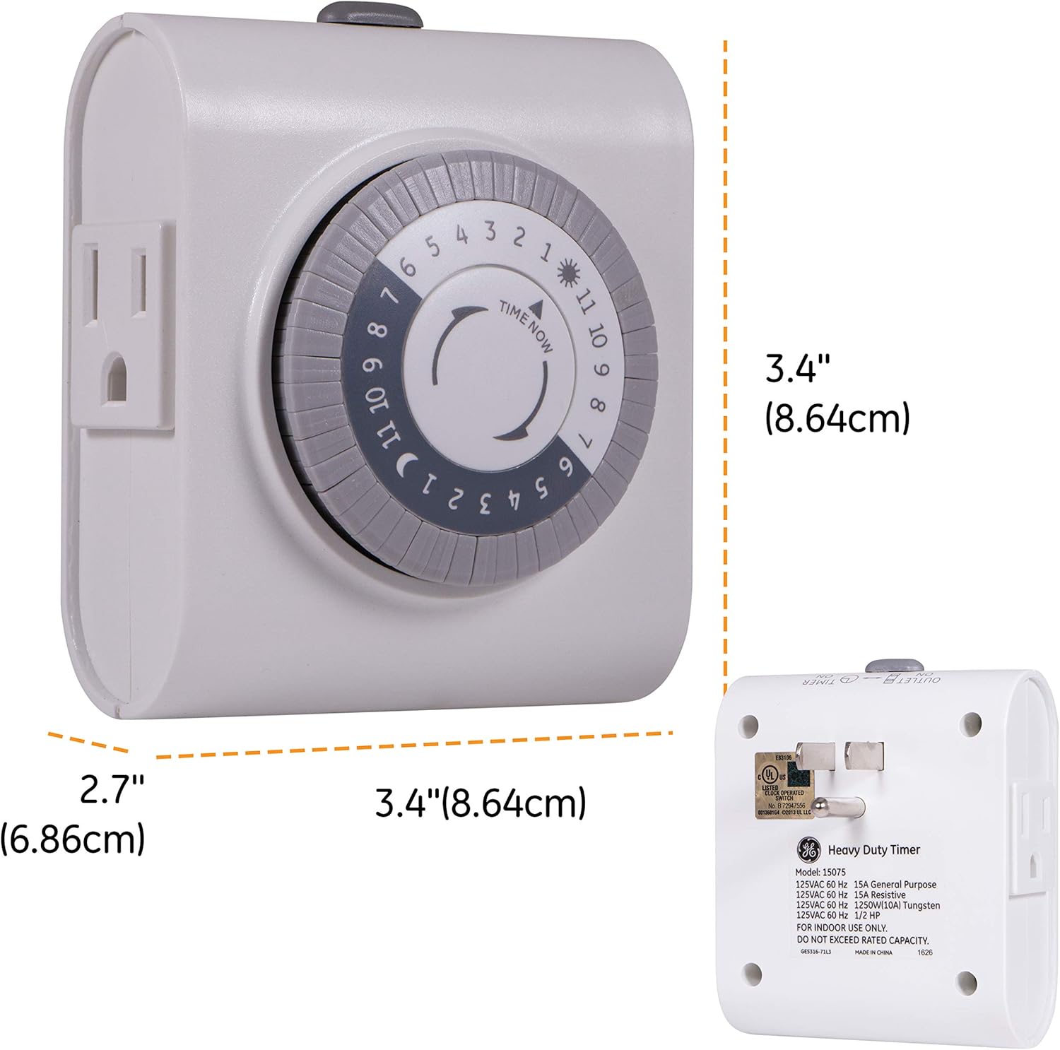 GE 46211, Two Outlet Grounded Mechanical Plug-in Timer, White, 2 Count-3