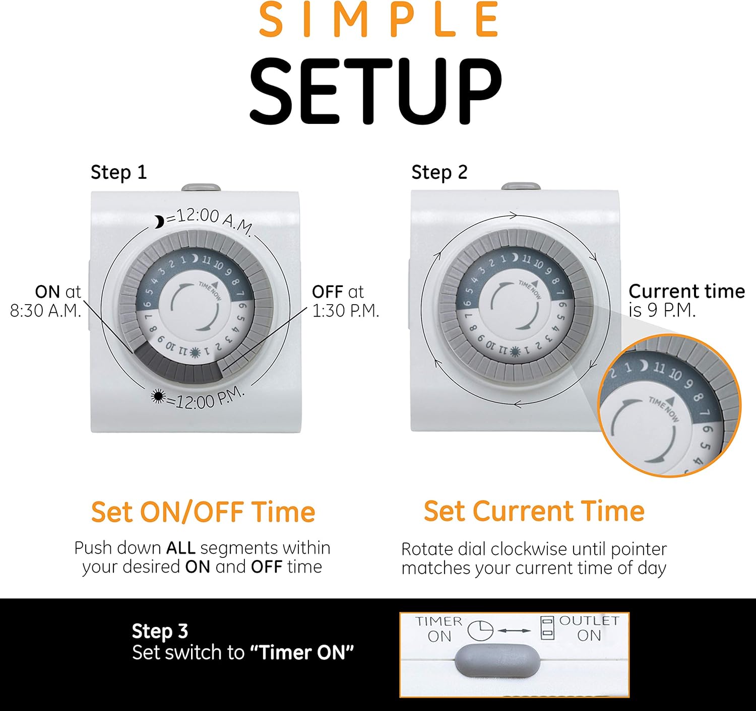 GE 46211, Two Outlet Grounded Mechanical Plug-in Timer, White, 2 Count-9