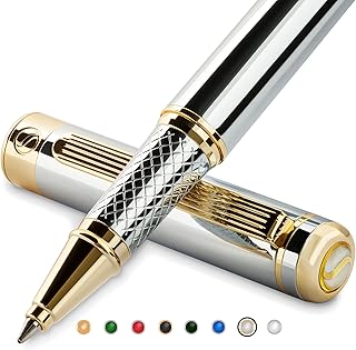 Scriveiner Silver Chrome Rollerball Pen - Stunning Luxury Pen with 24K Gold Finish, Schmidt Ink Refill, Best Roller Ball Pen Gift Set for Men & Women, Professional, Executive Office, Nice, Fancy Pens