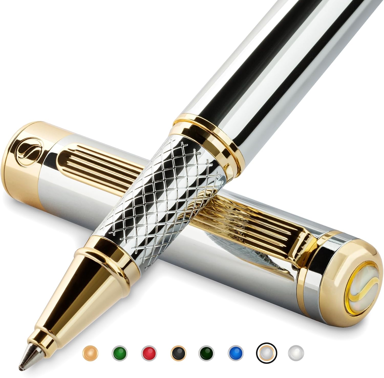 Scriveiner Silver Chrome Rollerball Pen - Stunning Luxury Pen with 24K Gold Finish, Schmidt Ink Refill, Best Roller Ball Pen Gift Set for Men & Women, Professional, Executive Office, Nice, Fancy Pens-0