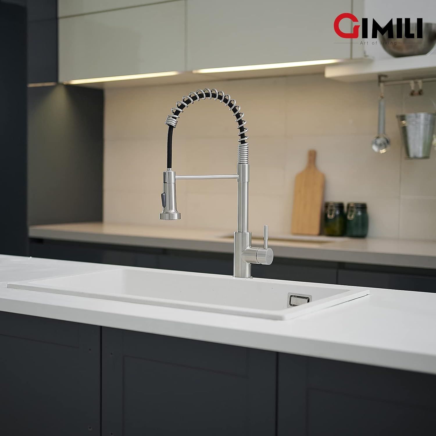 GIMILI Kitchen Faucet with Pull Down Sprayer High Arc Single Handle Spring Kitchen Sink Faucet Brushed Nickel Modern Stainless Steel Kitchen Faucets-5