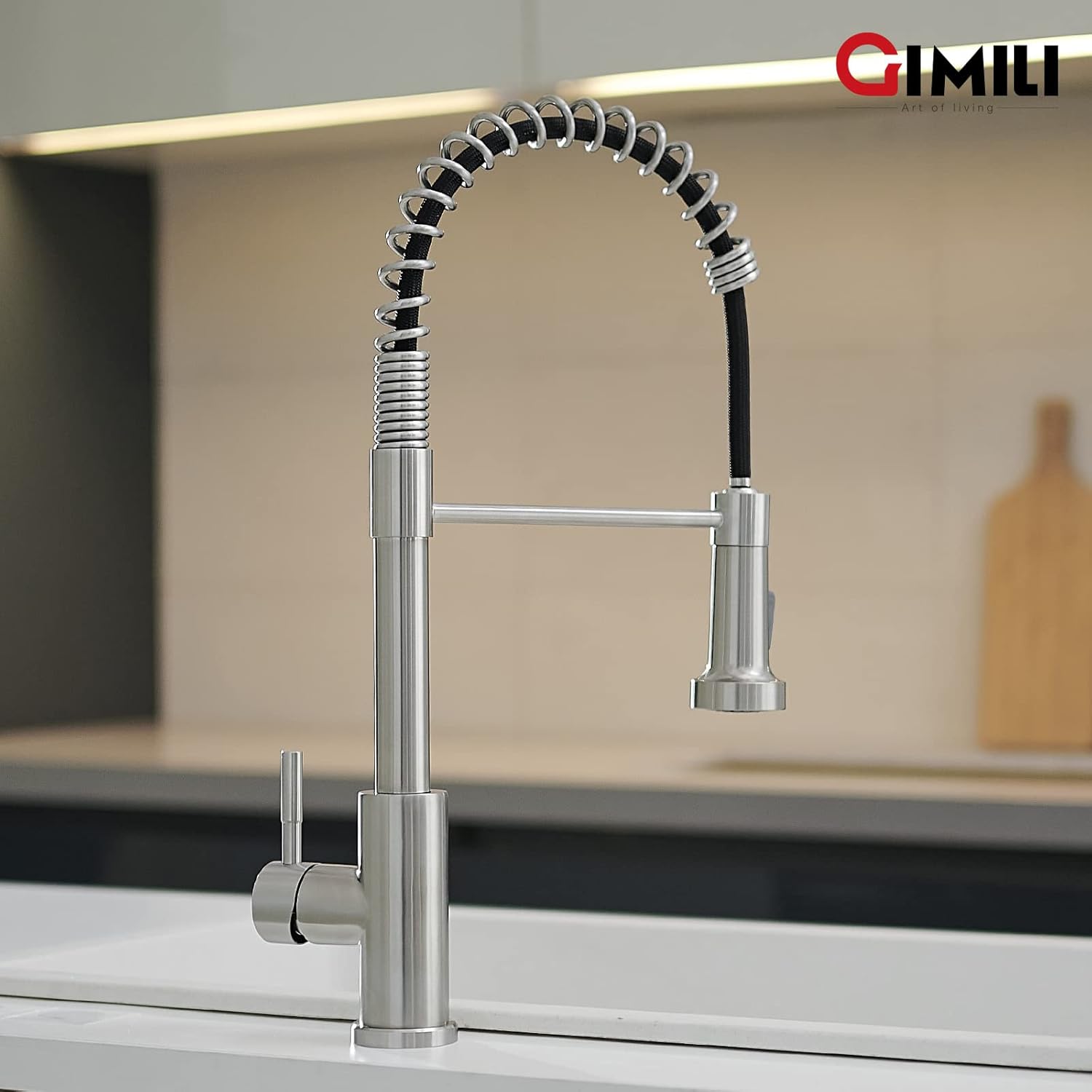 GIMILI Kitchen Faucet with Pull Down Sprayer High Arc Single Handle Spring Kitchen Sink Faucet Brushed Nickel Modern Stainless Steel Kitchen Faucets-6