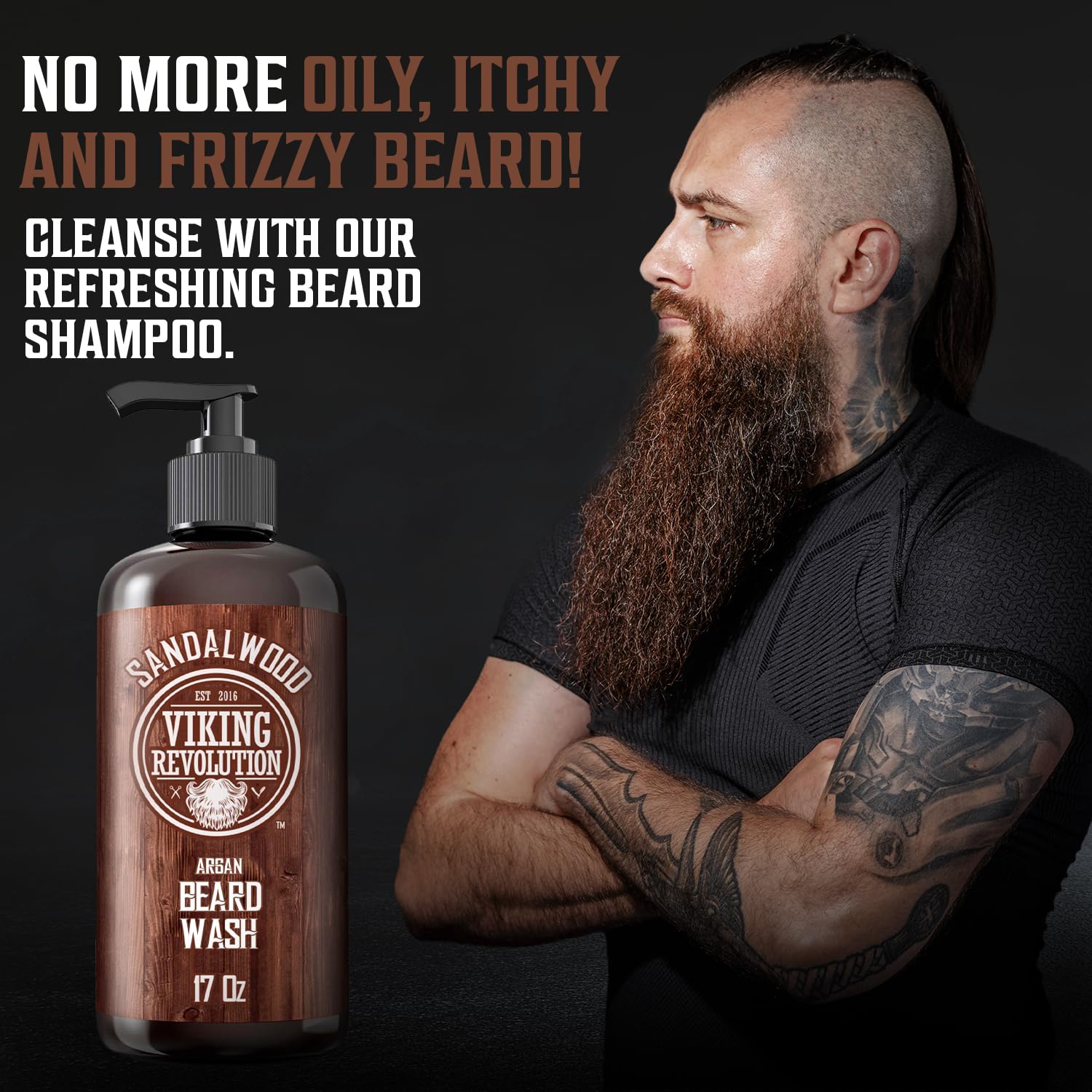 Viking Revolution Beard Wash Shampoo w/Argan & Jojoba Oils - Softens & Strengthens - Sandalwood Scent - Beard Shampoo w/Beard Oil (17 oz Shampoo)-1