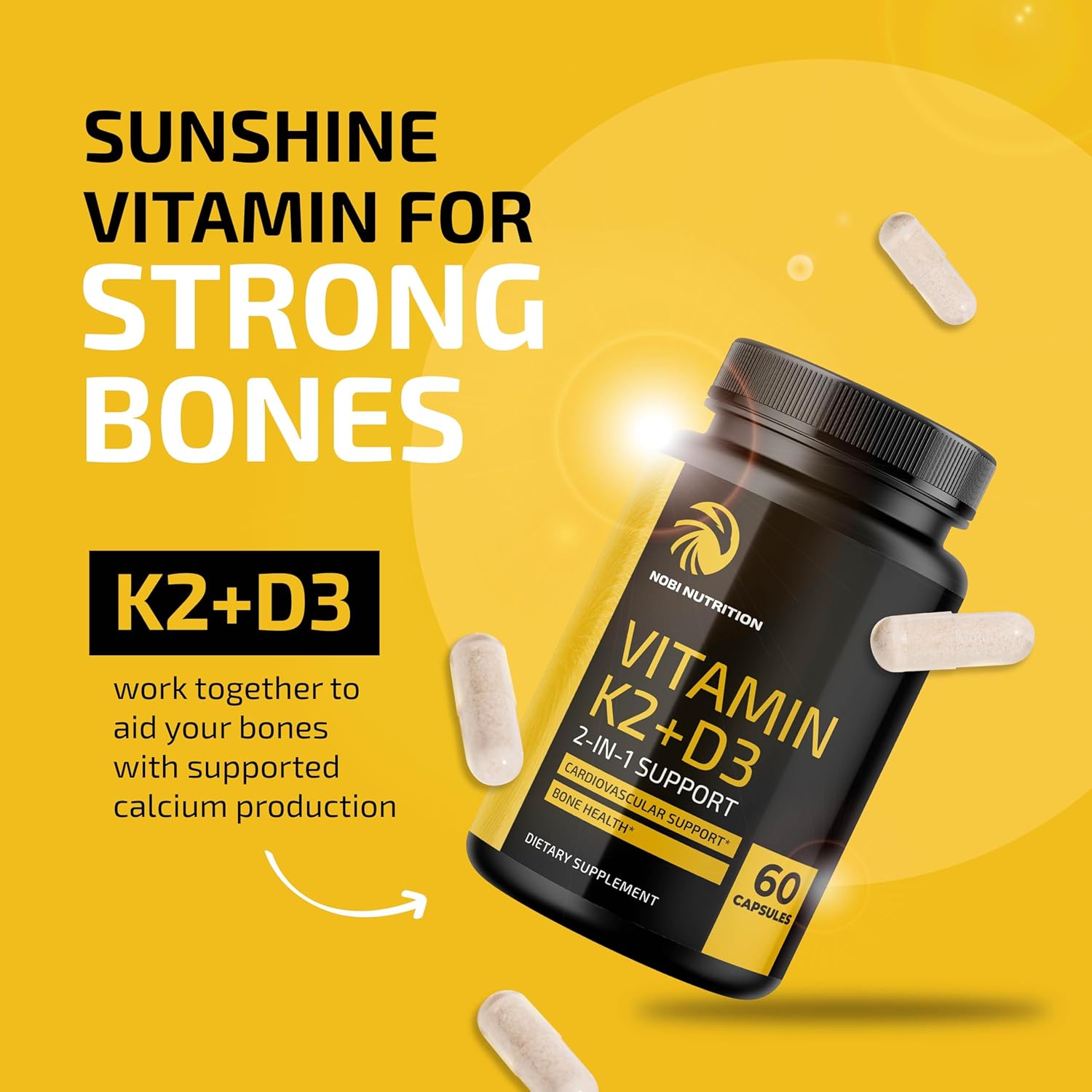 Vitamin D3 K2 5000 IU for Immune System, Strong Bones & Teeth Support | Vitamin D3 125mcg, Vitamin K2 MK7 100mcg, Calcium 210mg & Bioperine | K2 D3 Vitamin Supplement | 3rd-Party Tested, 60 Capsules-1