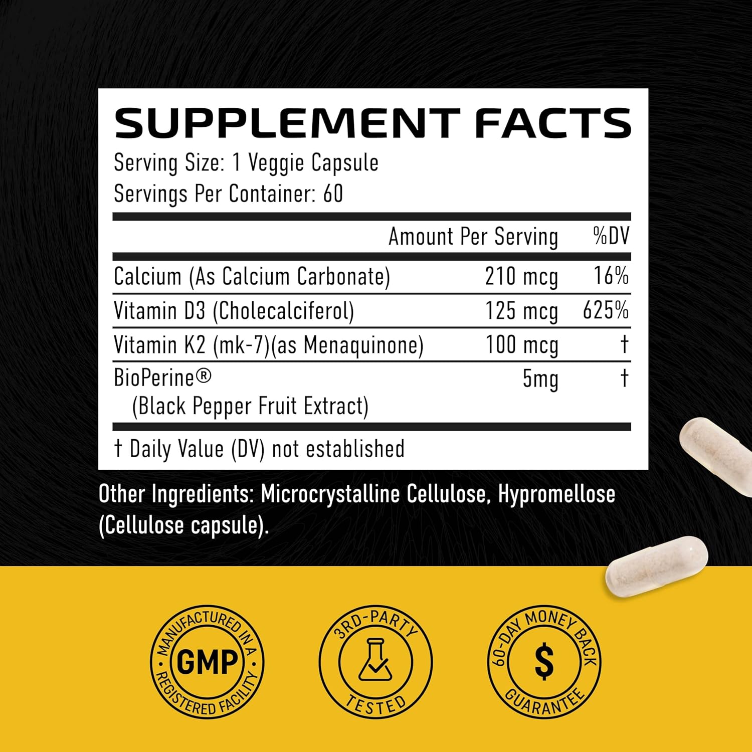 Vitamin D3 K2 5000 IU for Immune System, Strong Bones & Teeth Support | Vitamin D3 125mcg, Vitamin K2 MK7 100mcg, Calcium 210mg & Bioperine | K2 D3 Vitamin Supplement | 3rd-Party Tested, 60 Capsules-5