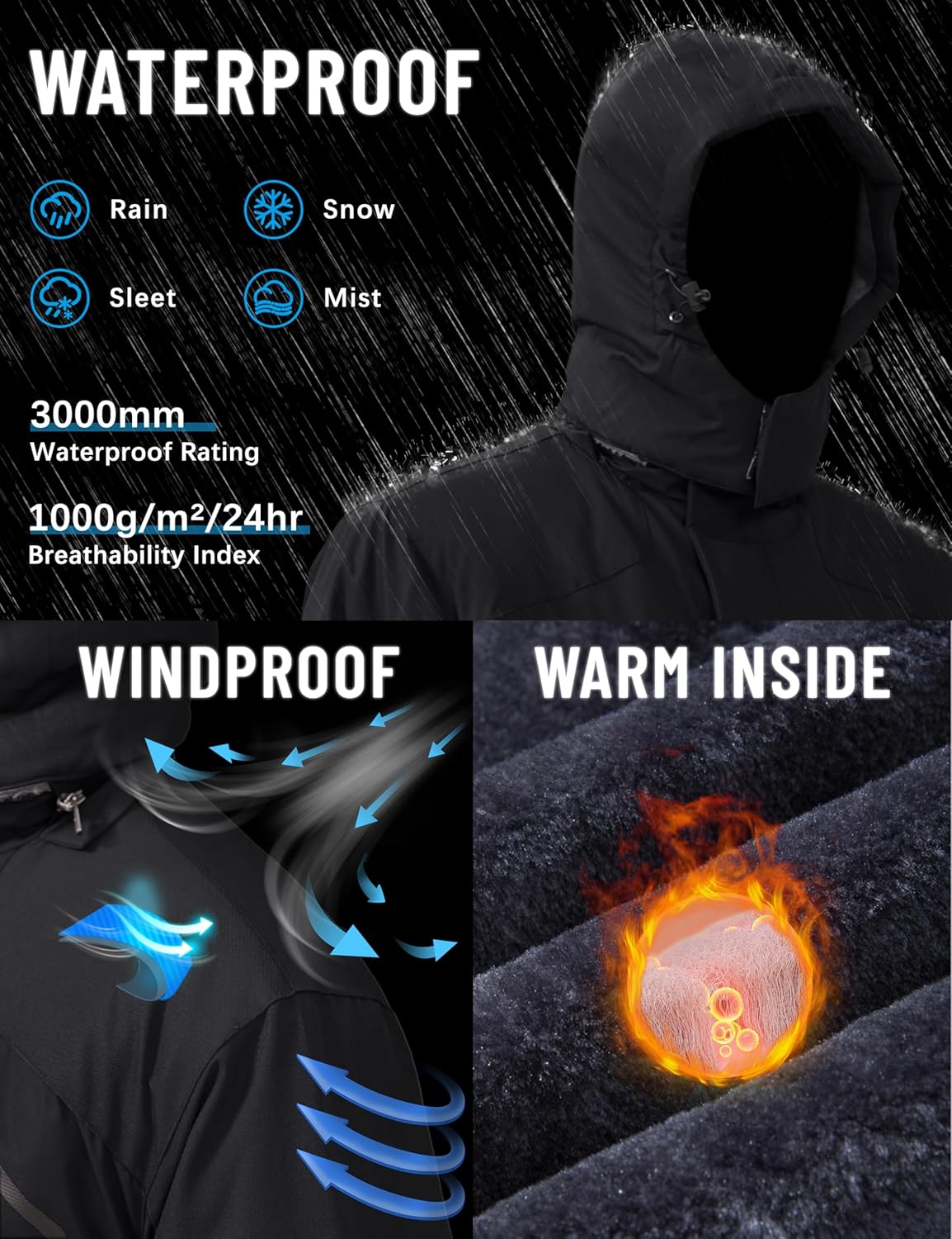 TACVASEN Men's Winter Skiing Jackets Waterproof Fleece Coats Insulated Thermal Snowboard Jacket Parka Raincoat w Hood-1