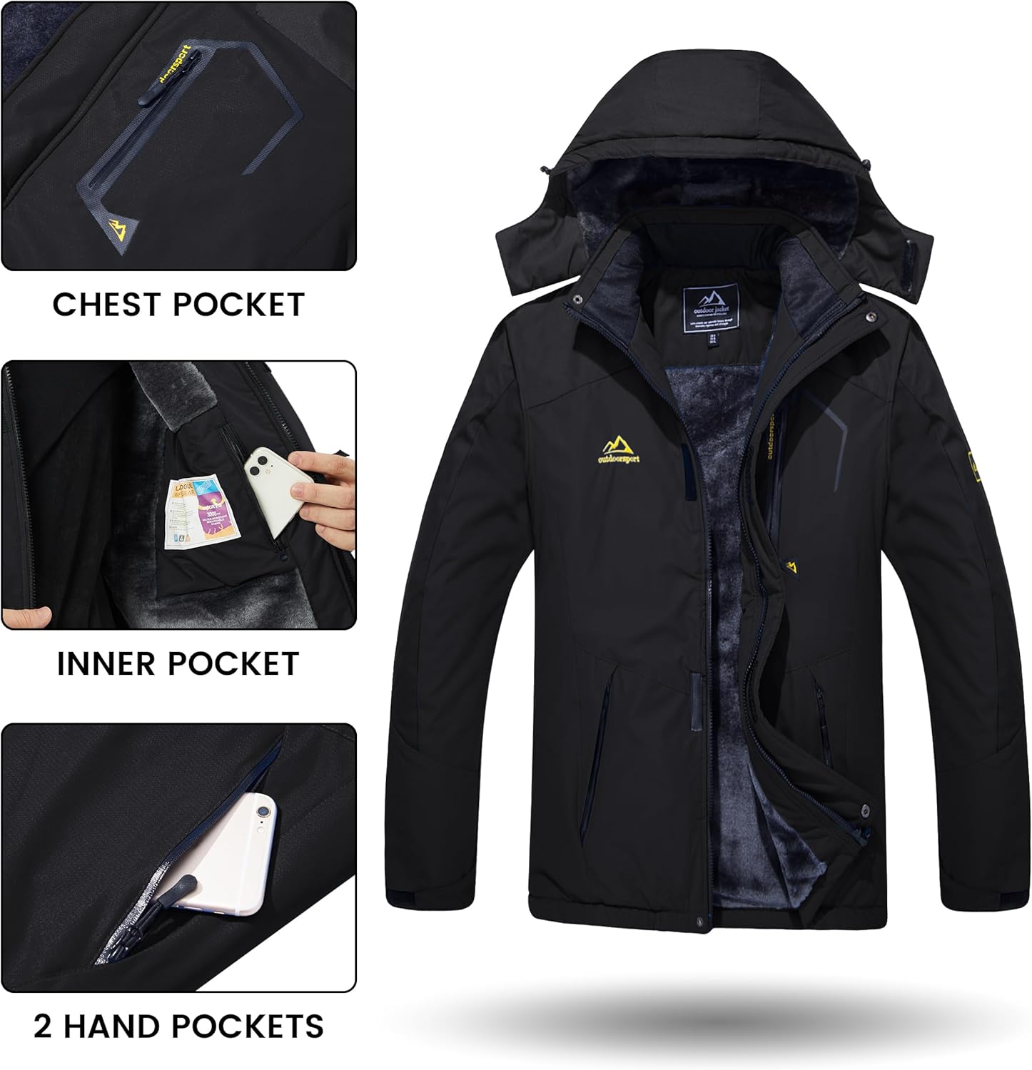 TACVASEN Men's Winter Skiing Jackets Waterproof Fleece Coats Insulated Thermal Snowboard Jacket Parka Raincoat w Hood-4