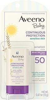 Aveeno Baby Continuous Protection Mineral Sunscreen Stick for Sensitive Skin with Broad Spectrum SPF 50 Protection for Face & Body, Naturally Sourced 100% Zinc Oxide, Travel Size, 0.47 oz