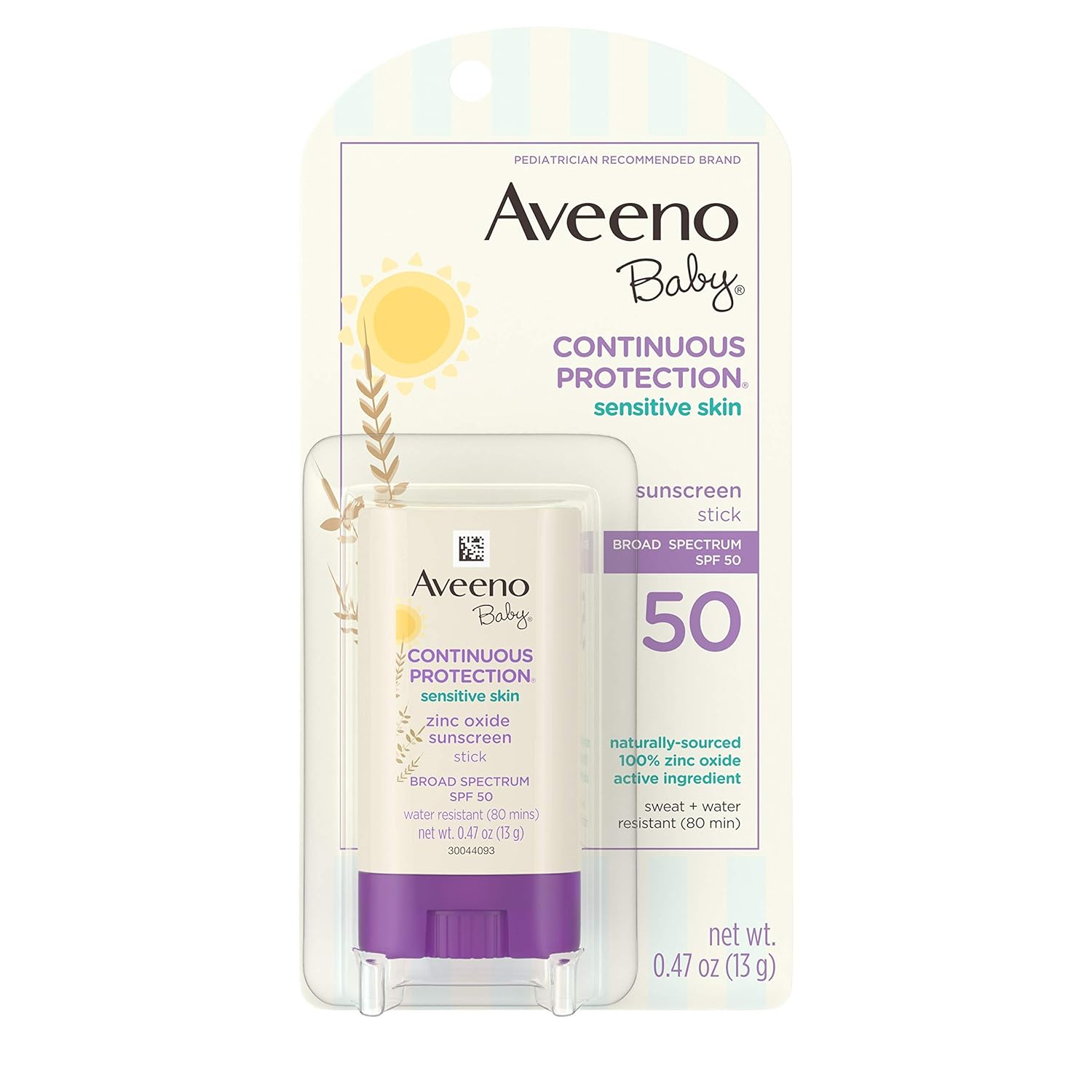 Aveeno Baby Continuous Protection Mineral Sunscreen Stick for Sensitive Skin with Broad Spectrum SPF 50 Protection for Face & Body, Naturally Sourced 100% Zinc Oxide, Travel Size, 0.47 oz-0