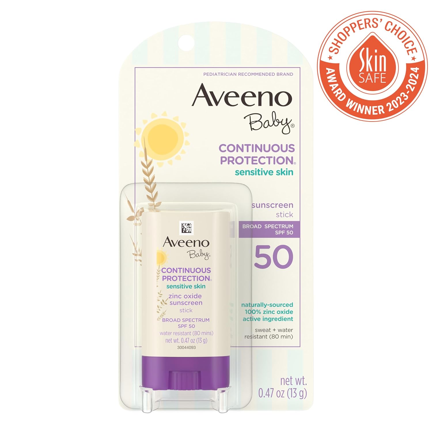 Aveeno Baby Continuous Protection Mineral Sunscreen Stick for Sensitive Skin with Broad Spectrum SPF 50 Protection for Face & Body, Naturally Sourced 100% Zinc Oxide, Travel Size, 0.47 oz-1