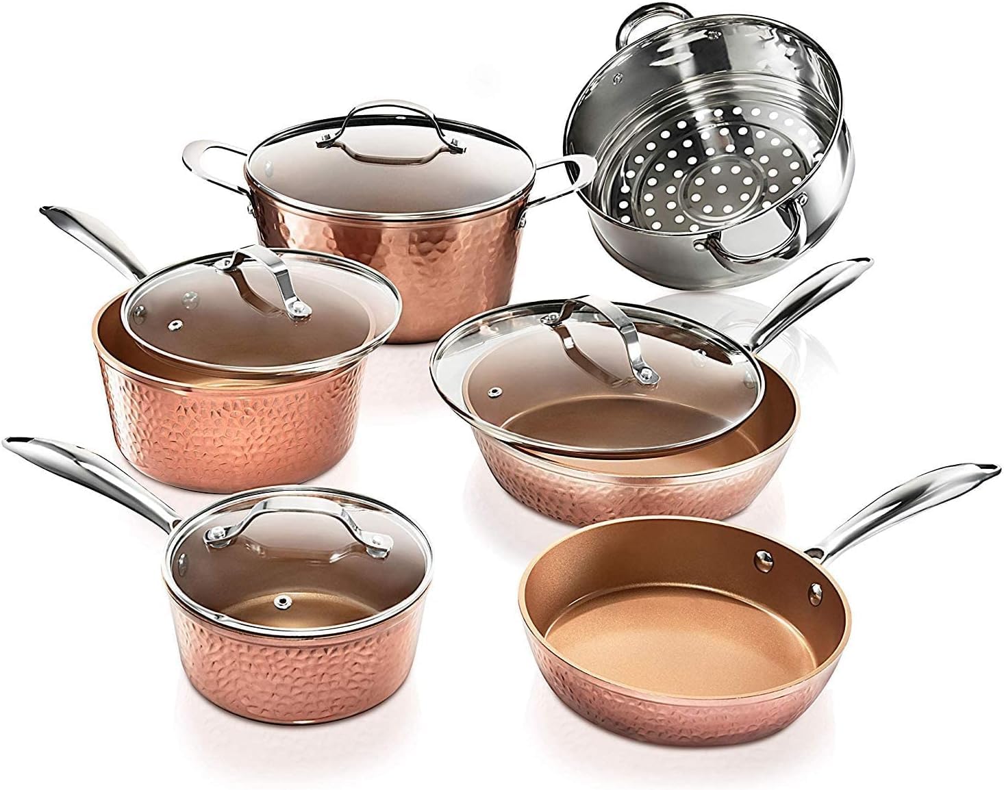 Gotham Steel Hammered Copper 10 Pc Pots and Pans Set Non Stick Cookware Set, Non Toxic Ceramic Cookware Set, Kitchen Cookware Sets with Induction Cookware, Pot and Pan Set, Oven/Dishwasher Safe-0