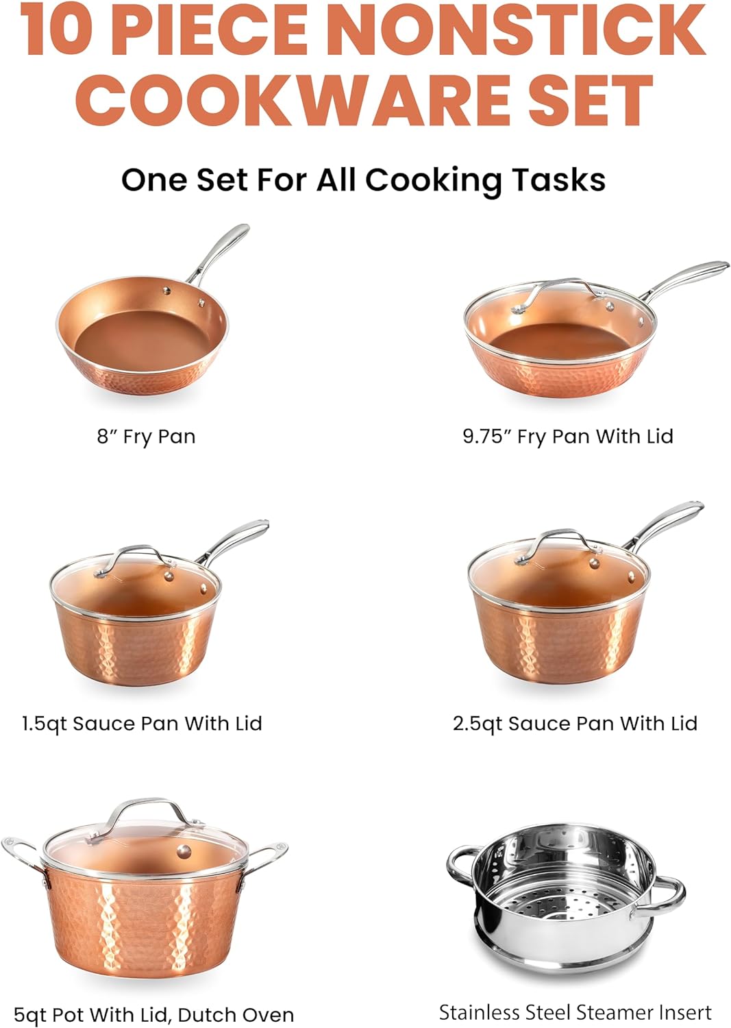 Gotham Steel Hammered Copper 10 Pc Pots and Pans Set Non Stick Cookware Set, Non Toxic Ceramic Cookware Set, Kitchen Cookware Sets with Induction Cookware, Pot and Pan Set, Oven/Dishwasher Safe-1