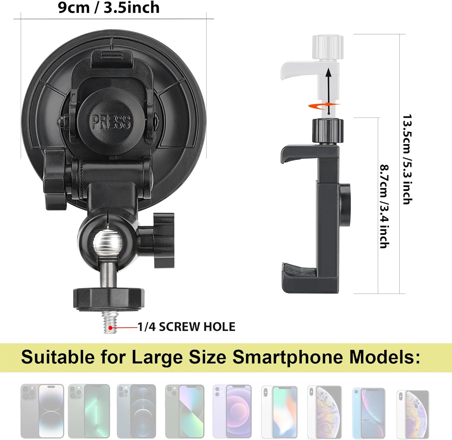 Heavy Duty Φ90mm Suction Cup + Adjustable Dual-Ball-Head Action Camera Dash Cam Phone Car Mount Windscreen Window Cockpit Holder for iPhone GoPro insta360 Video Recording (1.5kg Load)-3