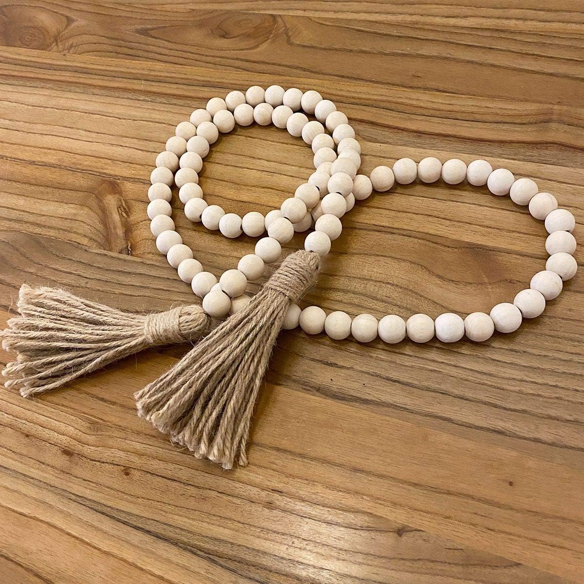 Farmhouse Beads 58in Wood Bead Garland with Tassels Rustic Country Decor Prayer Boho Beads Big Wall Hanging Decor-3