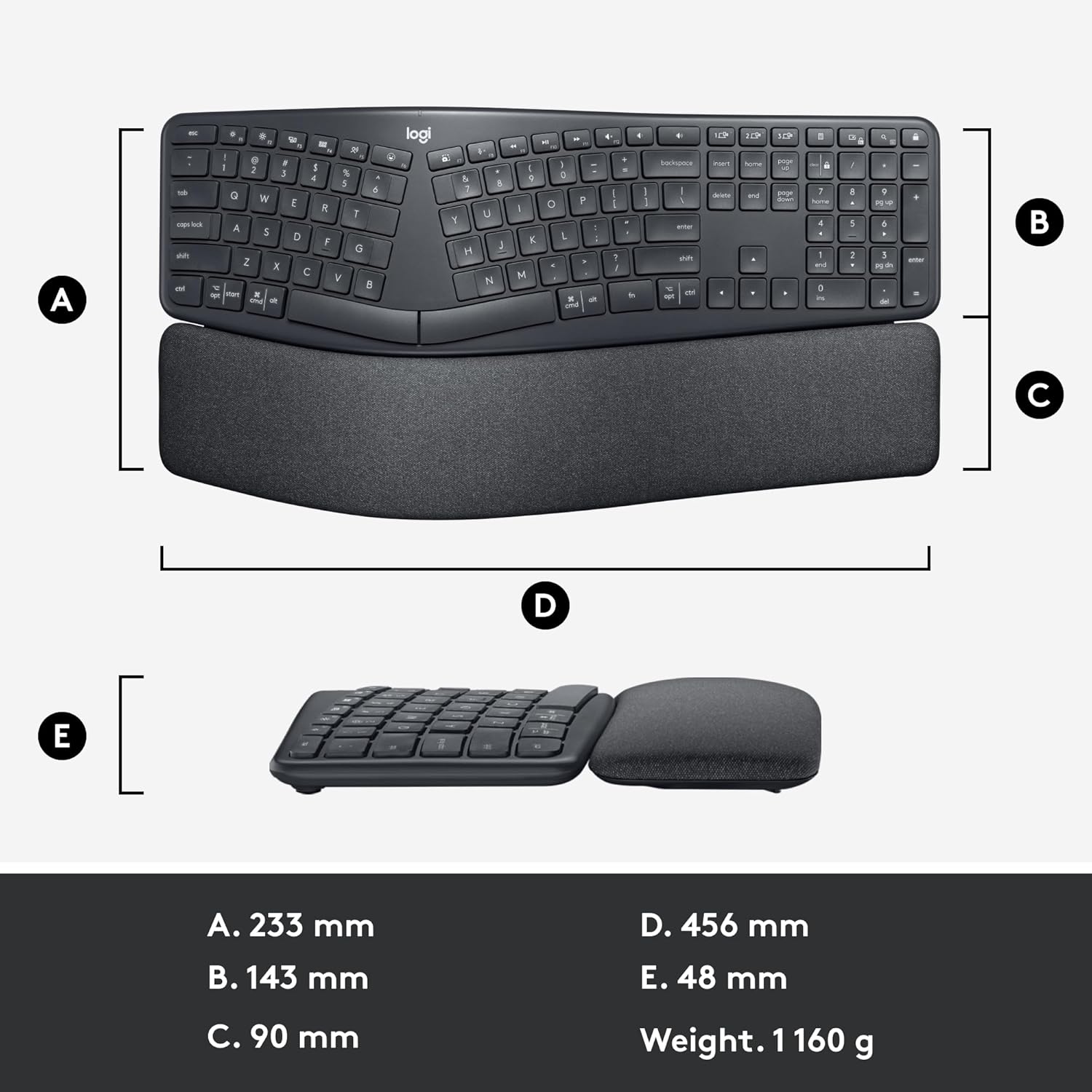 Logitech ERGO K860 Wireless Ergonomic Qwerty Keyboard - Split Keyboard, Wrist Rest, Natural Typing, Stain-Resistant Fabric, Bluetooth and USB Connectivity, Compatible with Windows/Mac,Black-12