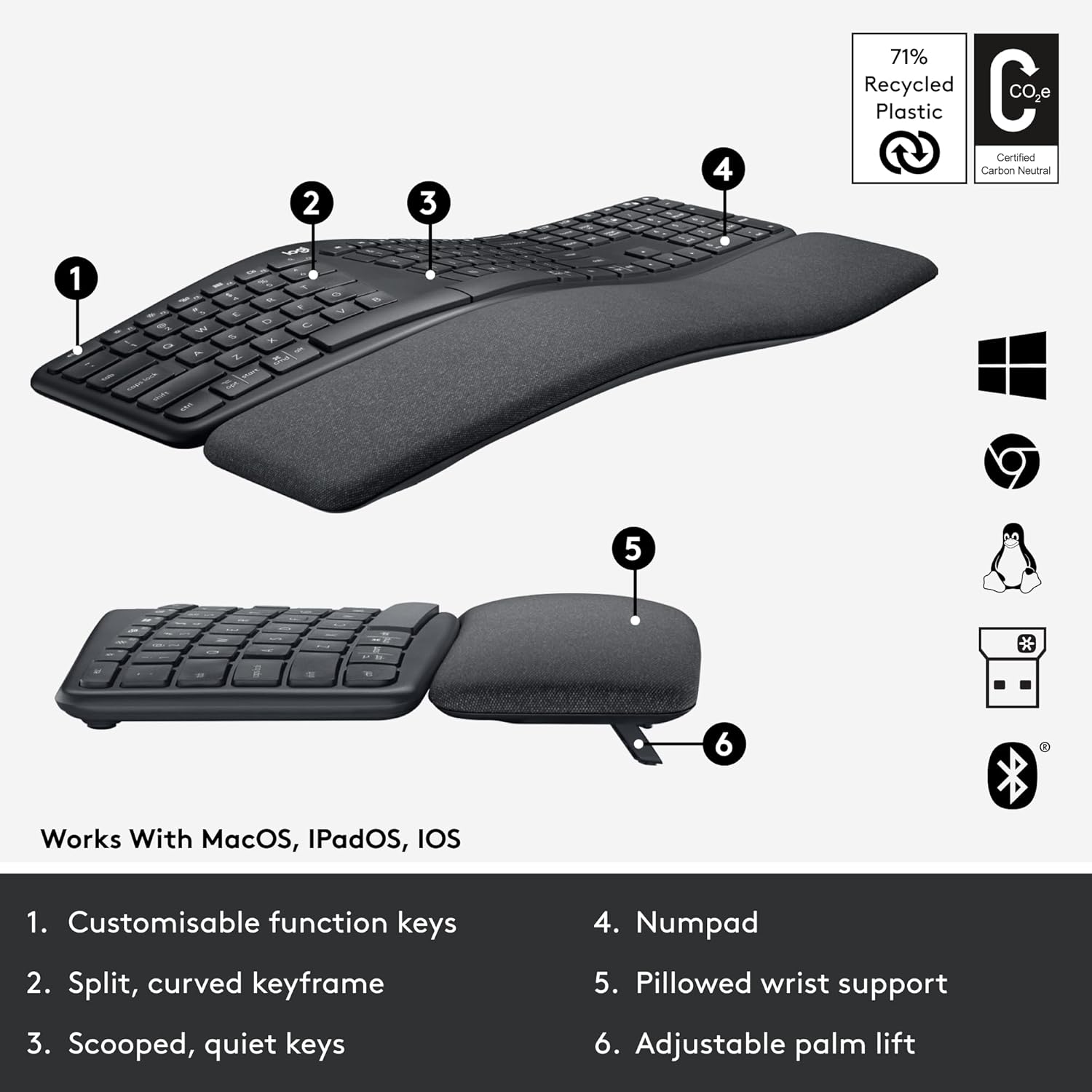 Logitech ERGO K860 Wireless Ergonomic Qwerty Keyboard - Split Keyboard, Wrist Rest, Natural Typing, Stain-Resistant Fabric, Bluetooth and USB Connectivity, Compatible with Windows/Mac,Black-5