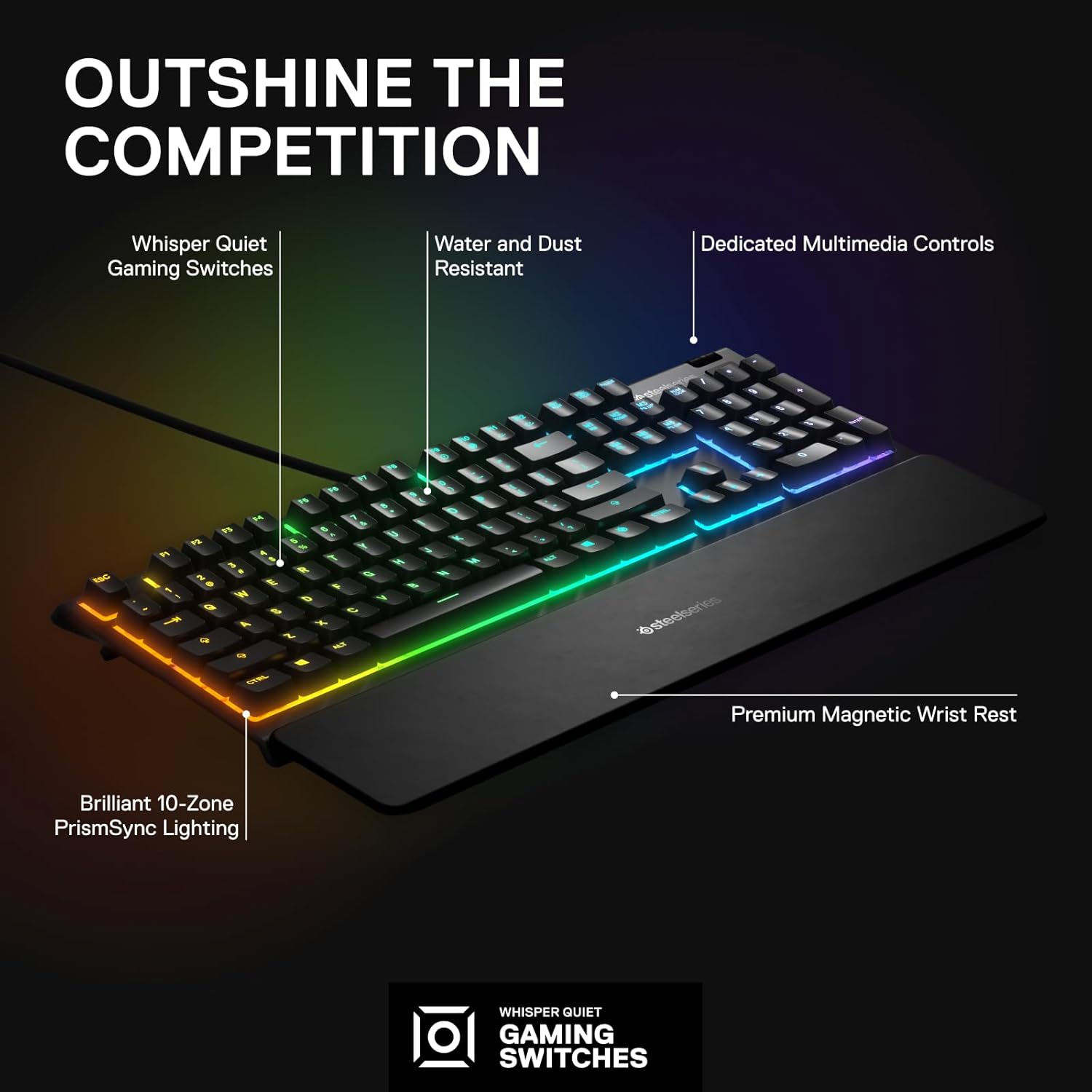 SteelSeries Apex 3 RGB Gaming Keyboard – 10-Zone RGB Illumination – IP32 Water Resistant – Premium Magnetic Wrist Rest (Whisper Quiet Gaming Switch)-2