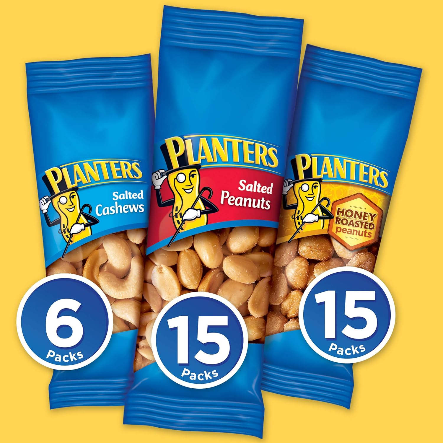 PLANTERS Variety Pack, Salted Cashews, Salted Peanuts & Honey Roasted Peanuts, On-the-Go Nut Snacks, Individually Packed Snacks, Quick Snack for Adults, After School Snack, Kosher, (36 Pack)-3