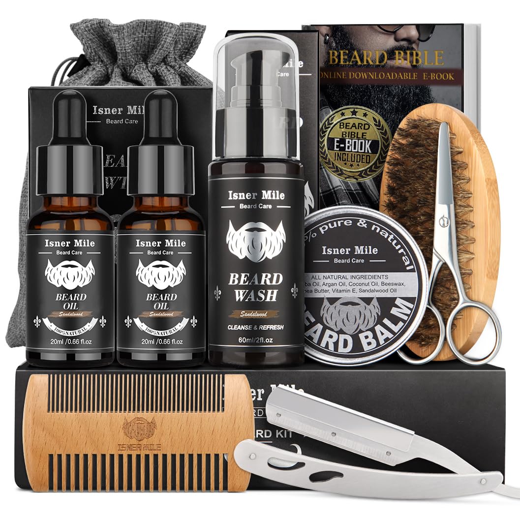 Isner Mile Beard Kit for Men, Grooming & Trimming Tool Complete Set with Shampoo Wash, Beard Care Oil, Balm, Brush, Comb, Scissors & Storage Bag, Birthday Gifts for Him Men Dad Father Boyfriend-0